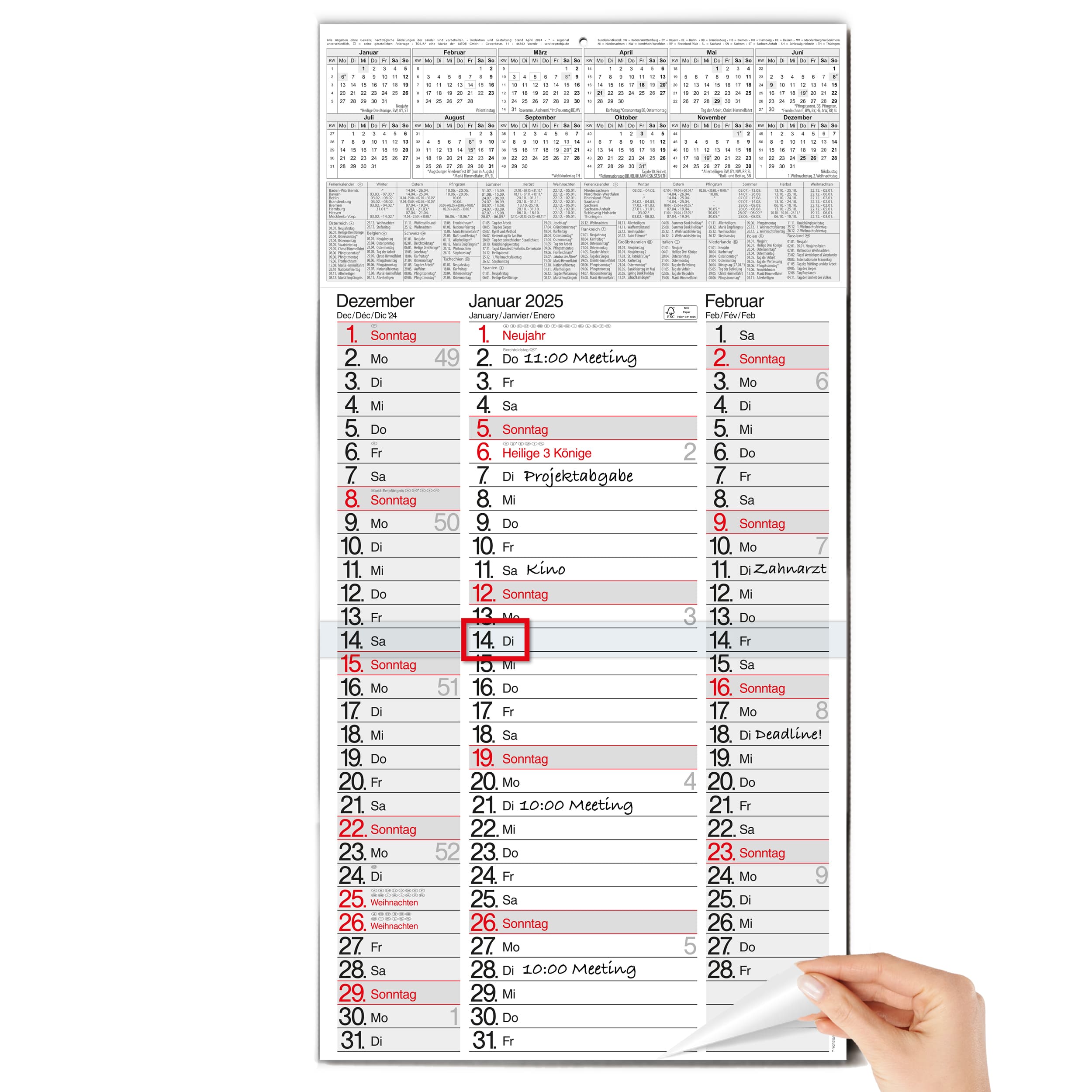 3-Monatskalender 2025 Nebeneinander