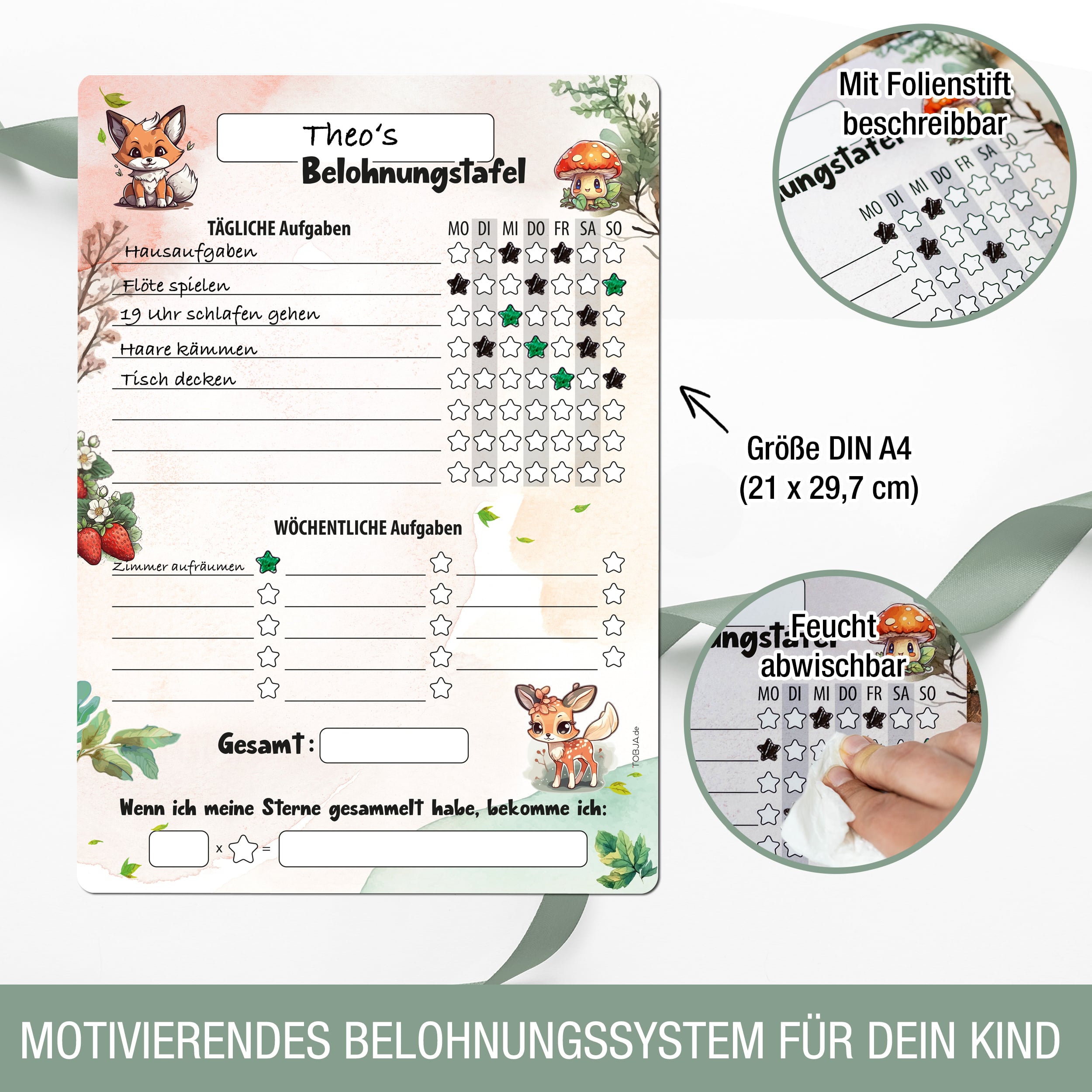 Belohnungstafel A4 magnetisch Waldtiere + 4 Markenstifte