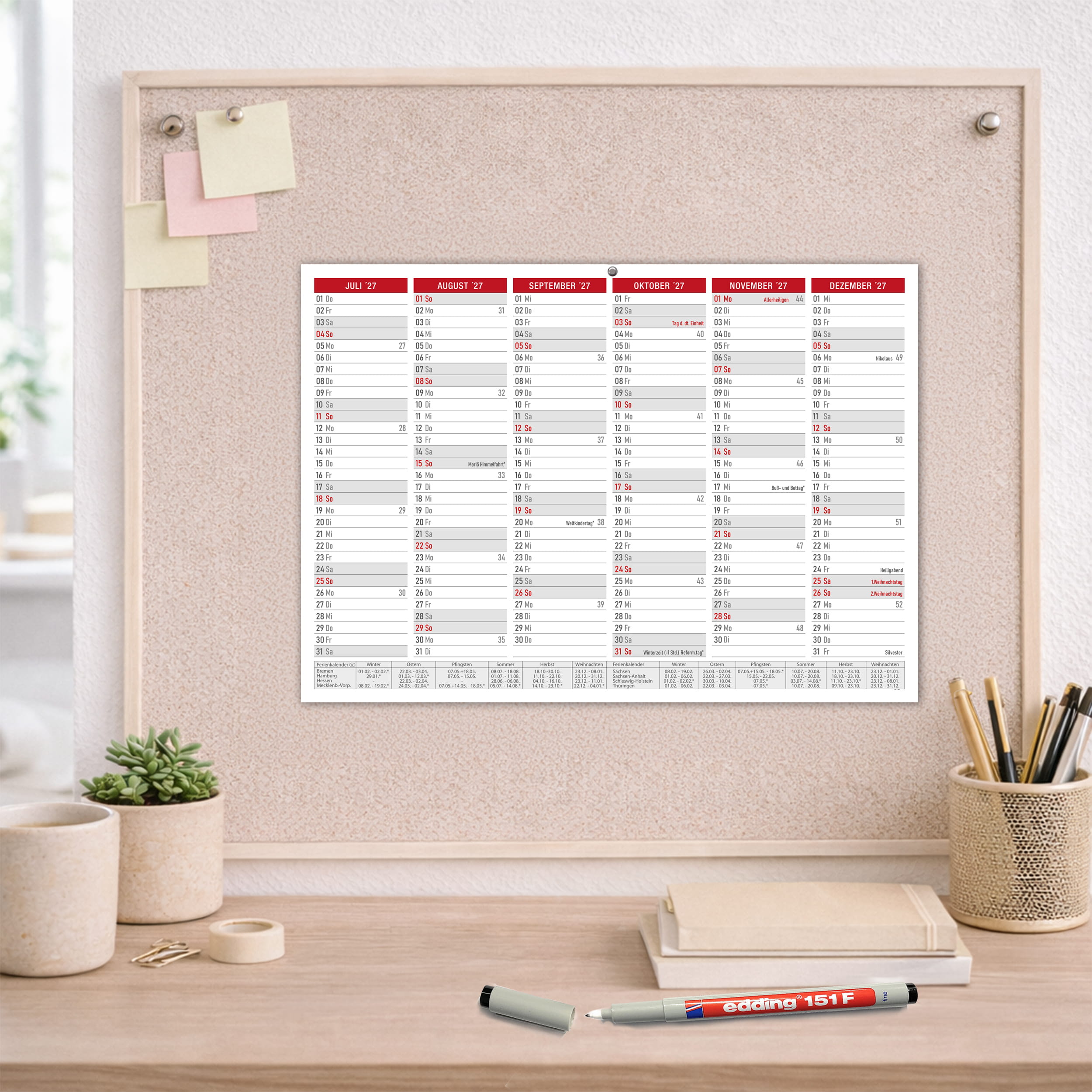 Abwischbarer A4 Tafelkalender 2026 "Rot"  Kalender inkl 4 Stifte