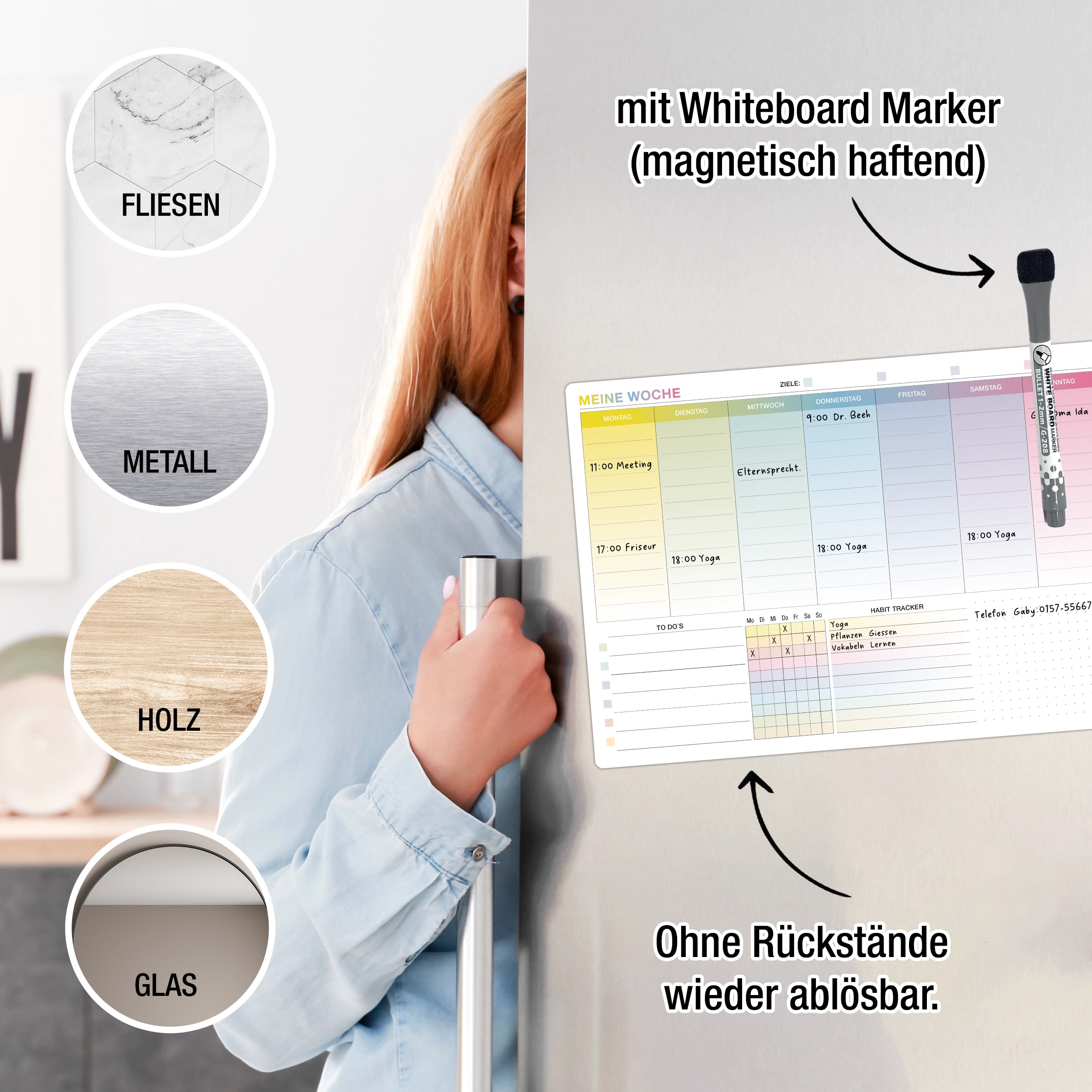 A4 Whiteboard Wochenplaner, selbstklebend inkl. Stift