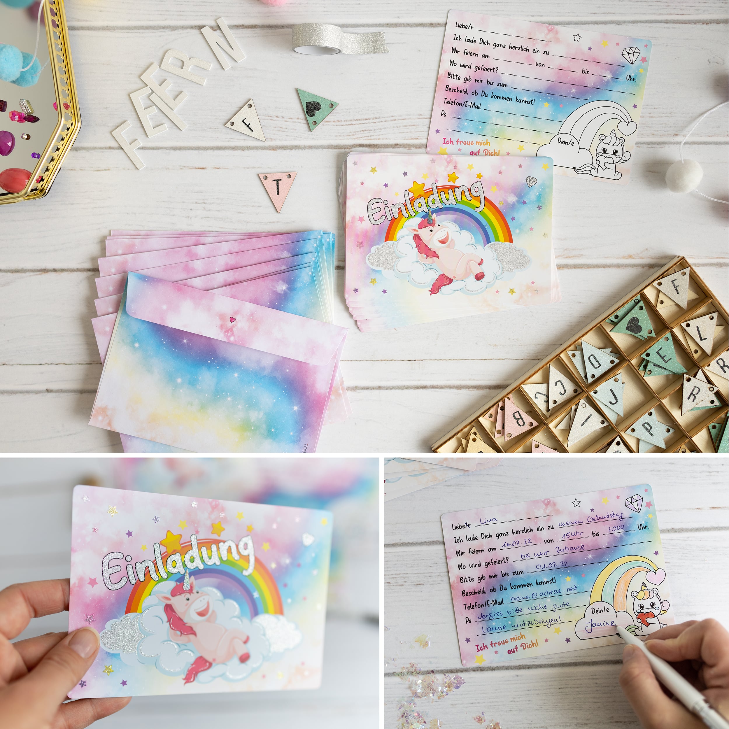 12 Einladungskarten inkl. Umschläge "Einhorn Party"