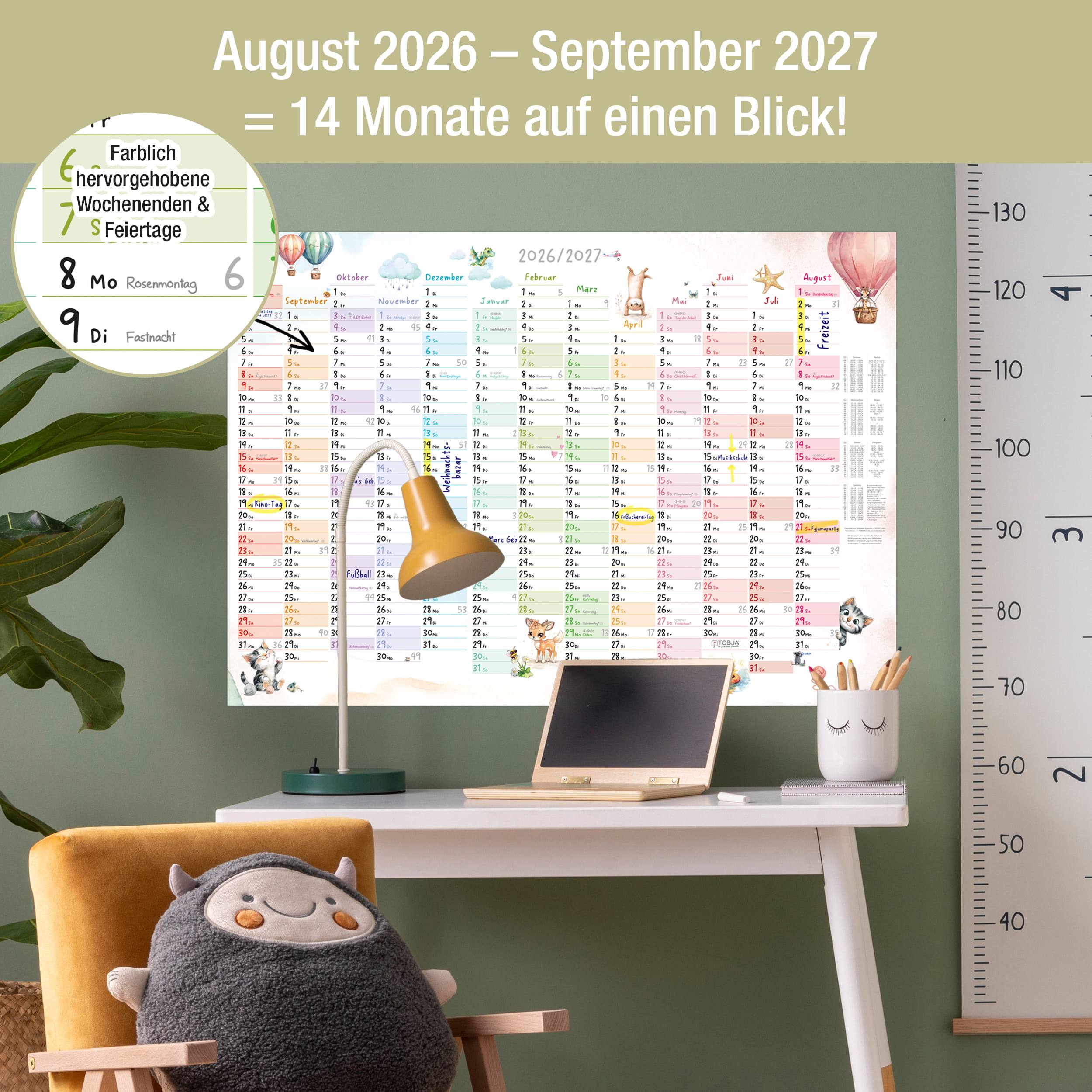 Schuljahreskalender A1 2026/2027 „Tierwelt Pastell"
