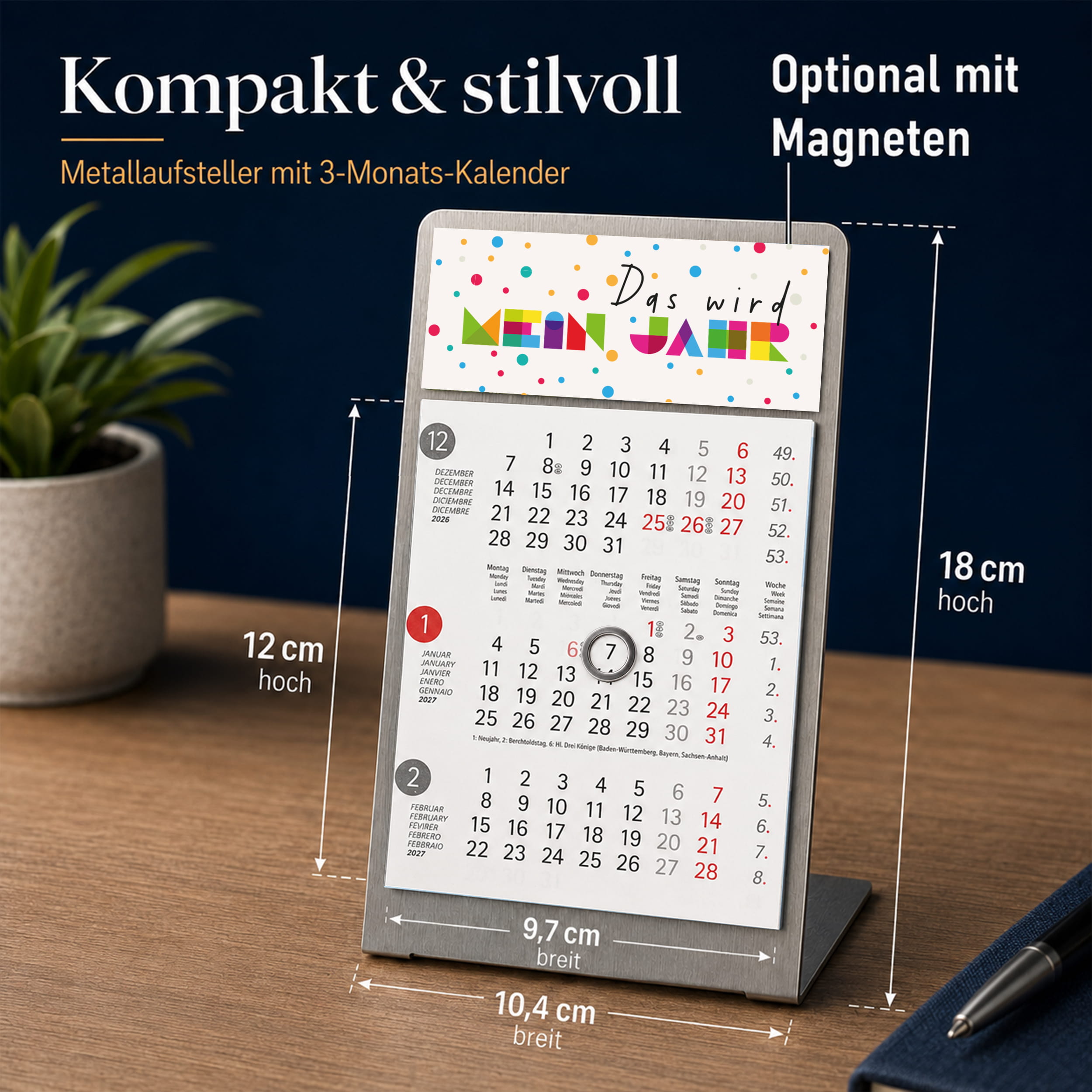 Magnet-System Dots – Tischkalender 2027 mit Metallaufsteller