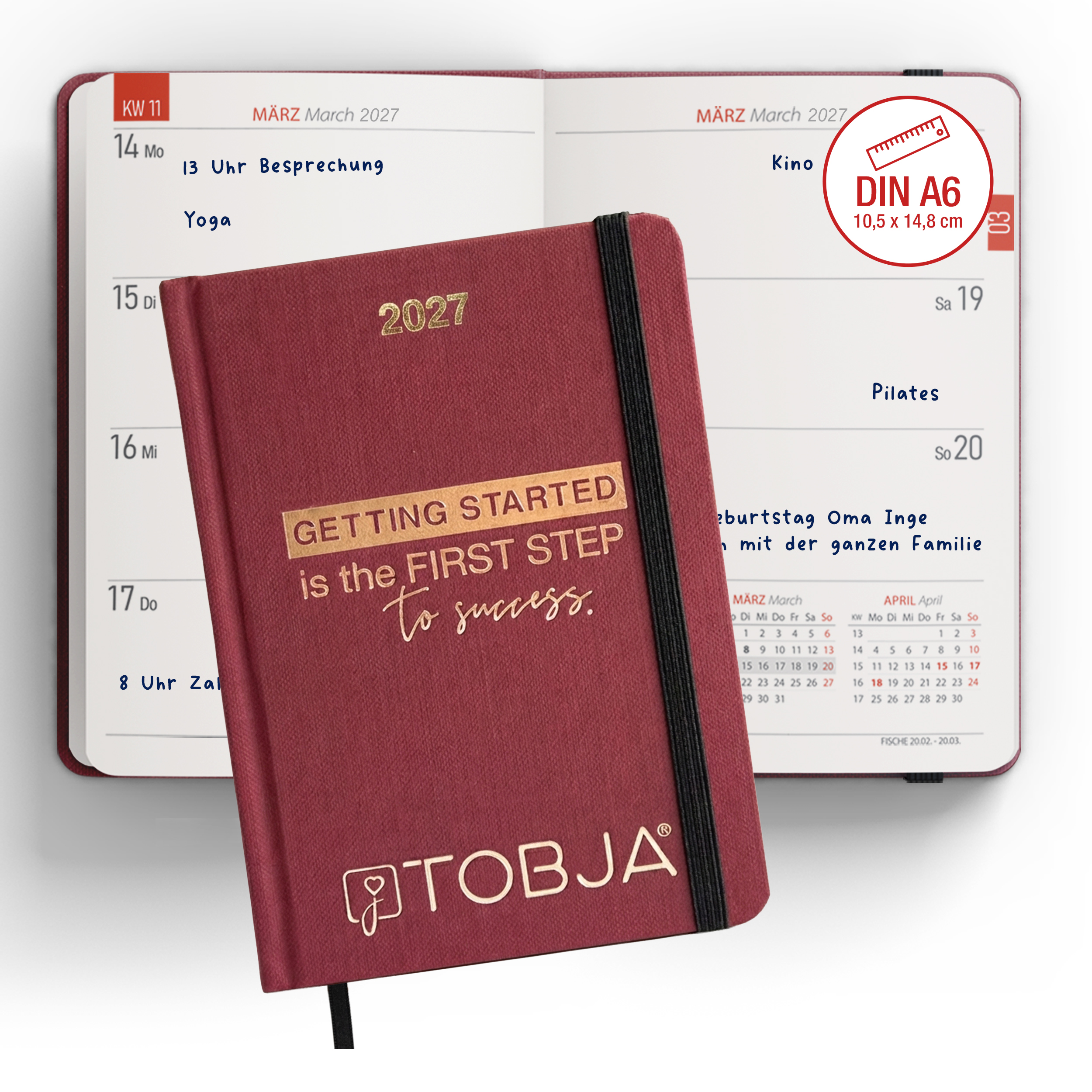 Taschenkalender 2027 A6 Bordeaux mit Goldprägung