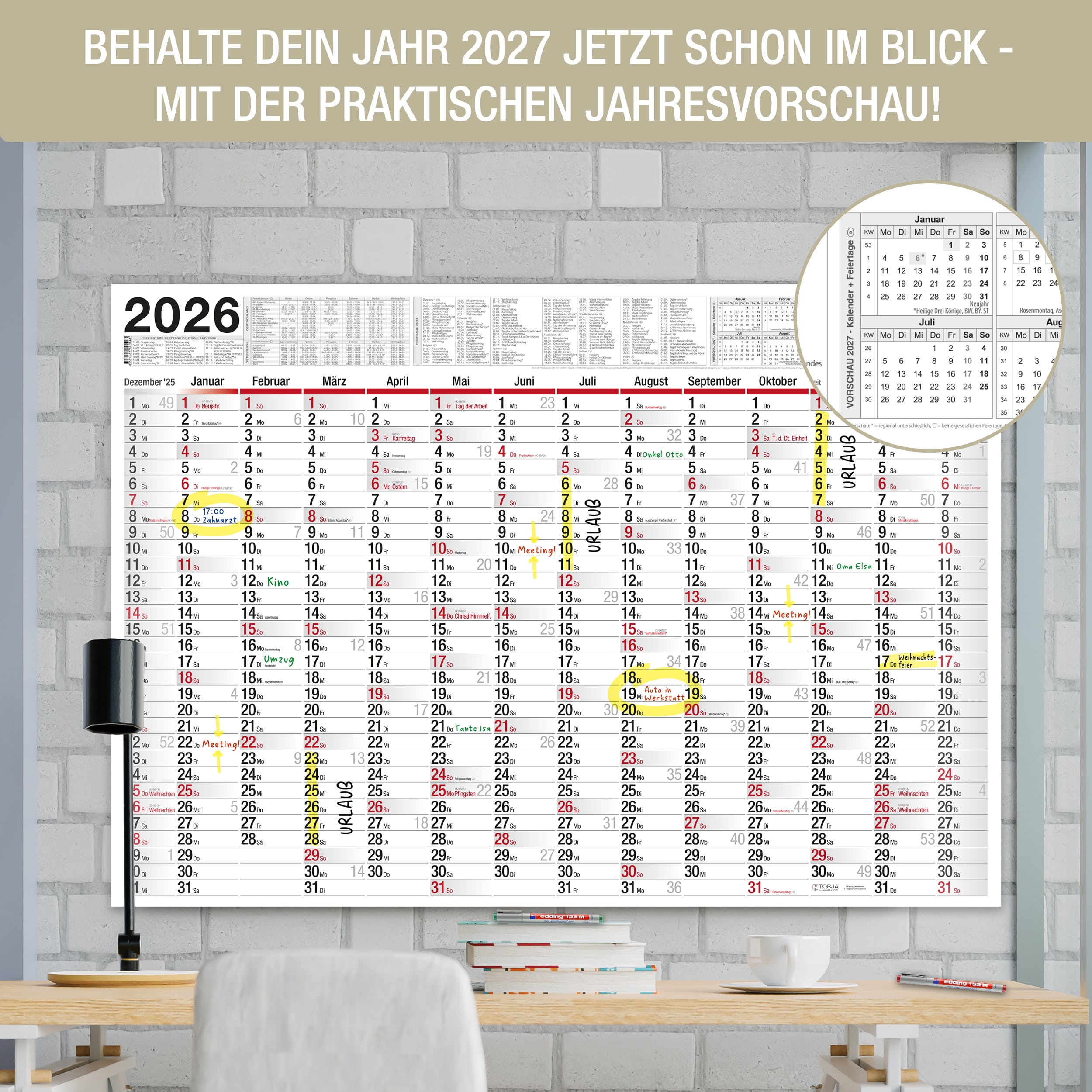 Wandkalender 2026 "Big Planer" [abwischbar] Kalender + 4 Stifte