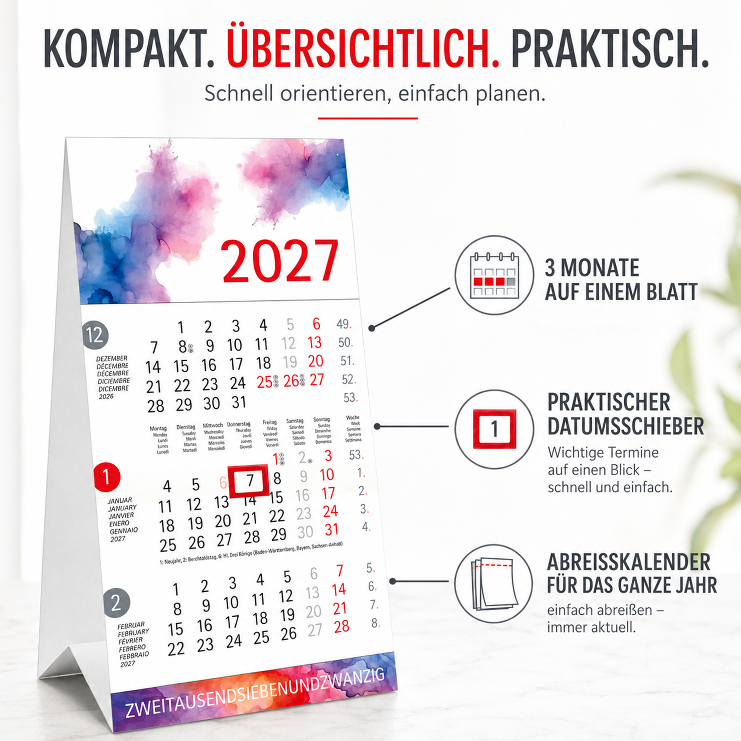 Tischkalender 2027 Aquarell – 3 Monatskalender