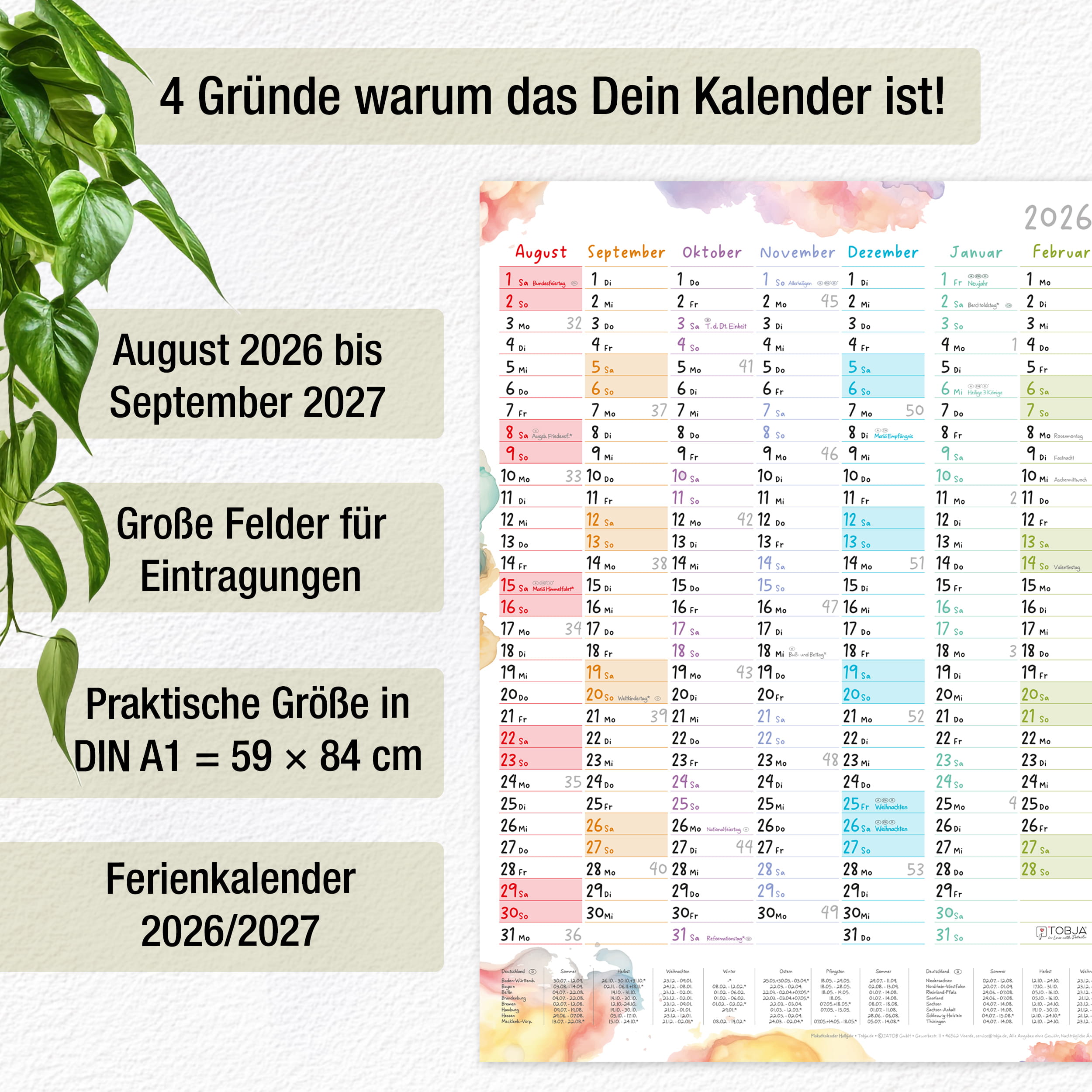 Schuljahreskalender A1 2026/2027 „Aquarell Splash"