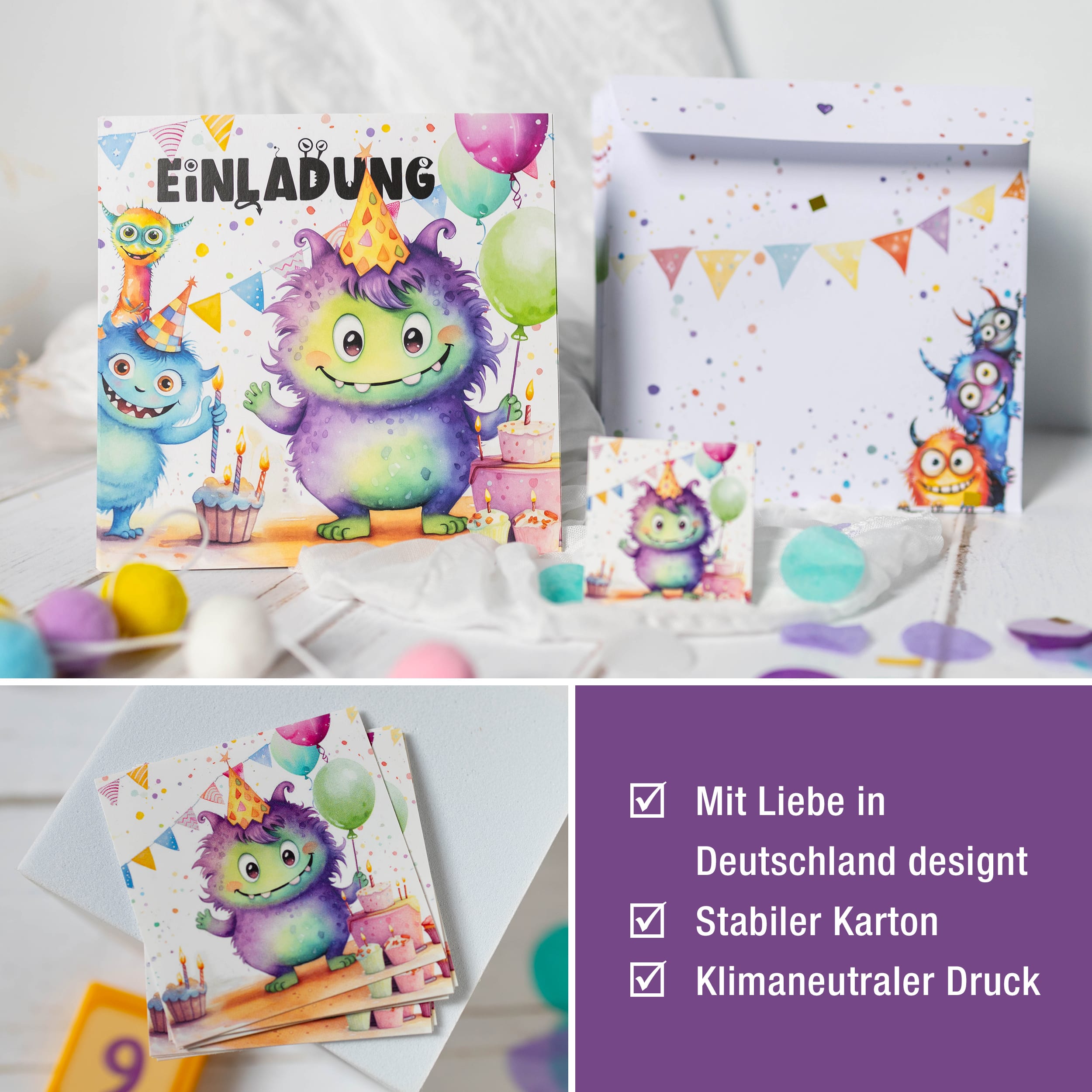 Einladungskarten Monster inkl. Sticker 10er Set