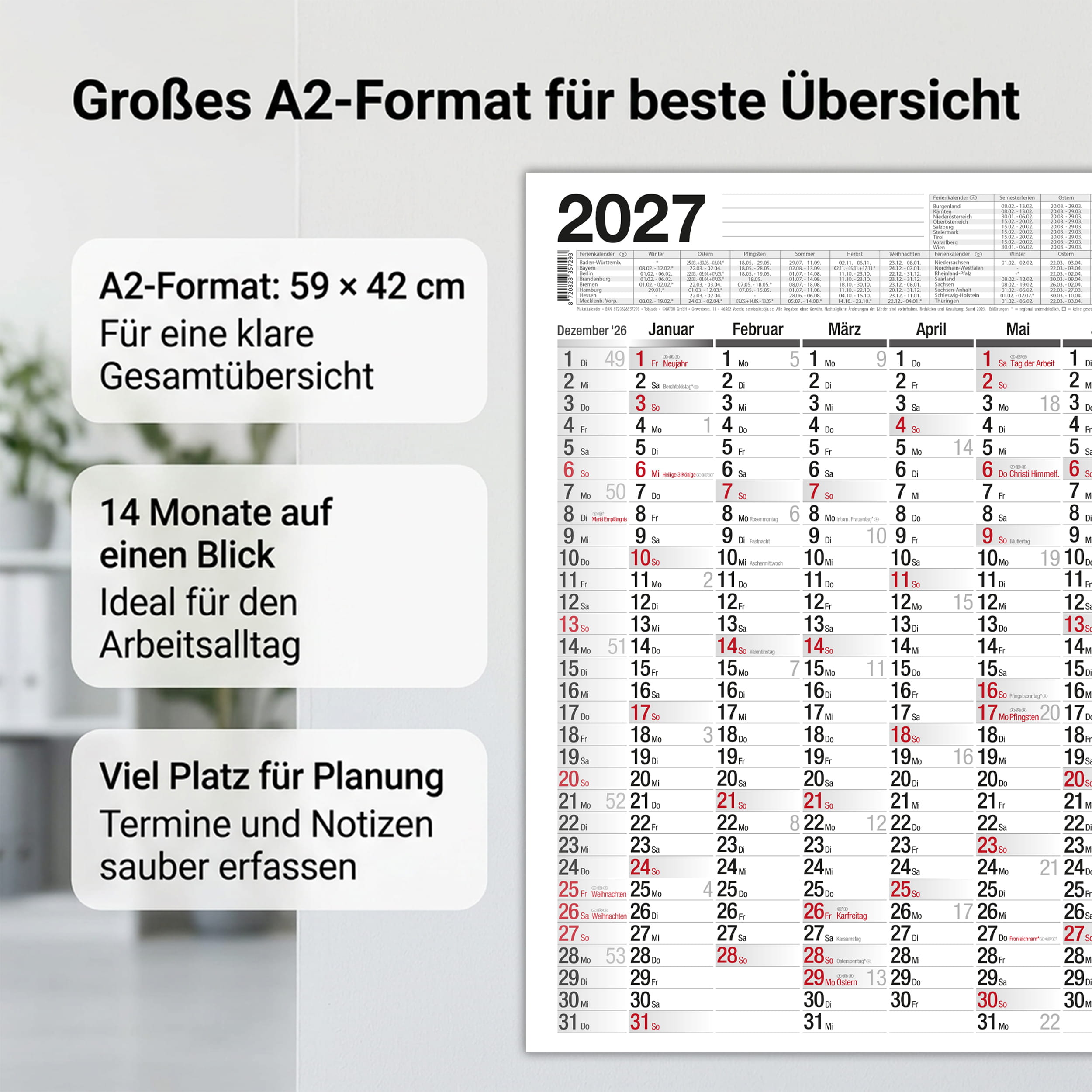 Wandkalender 2027 A2 Standard 14 Monate