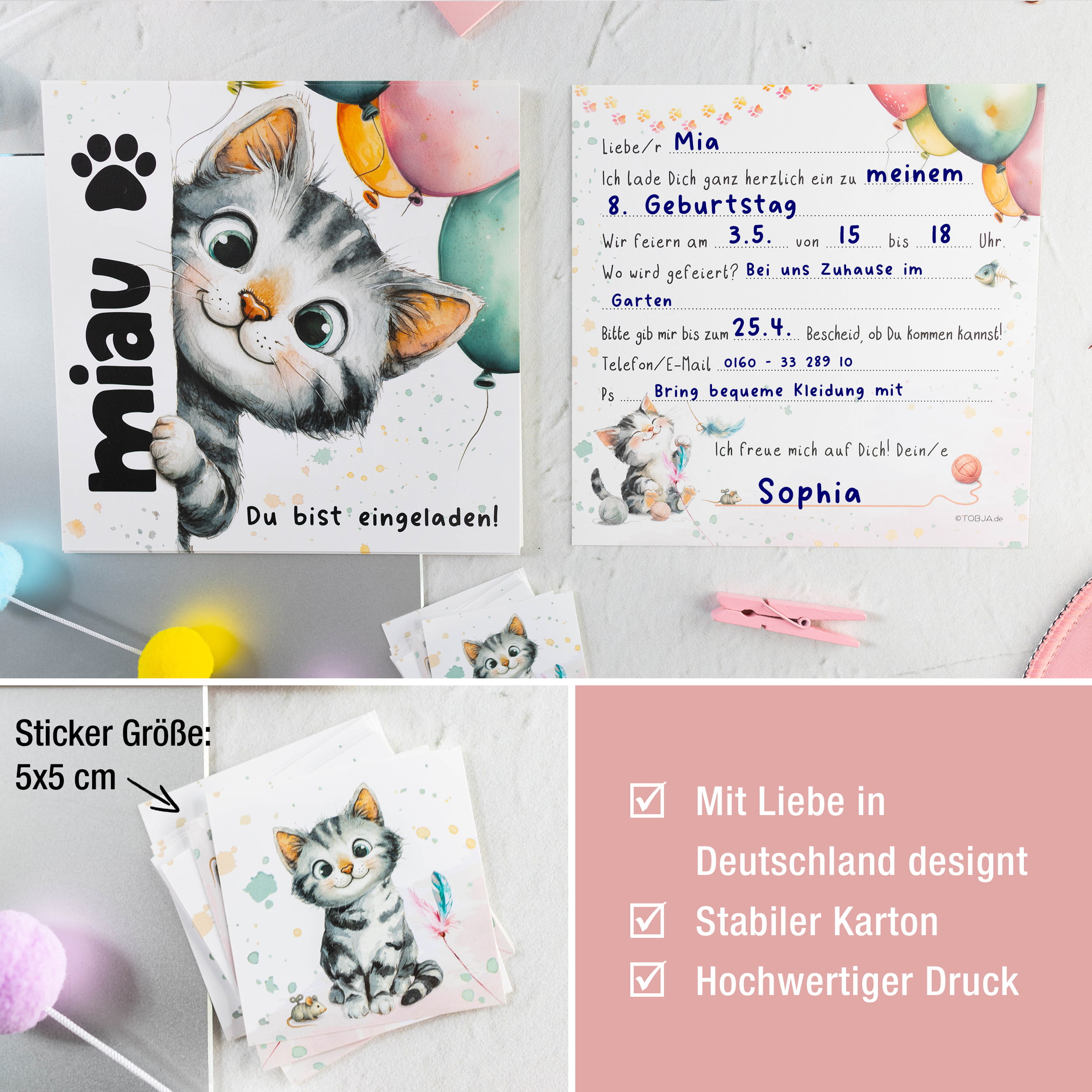 XXL Einladungskarten Katze – 10er-Set mit Stickern