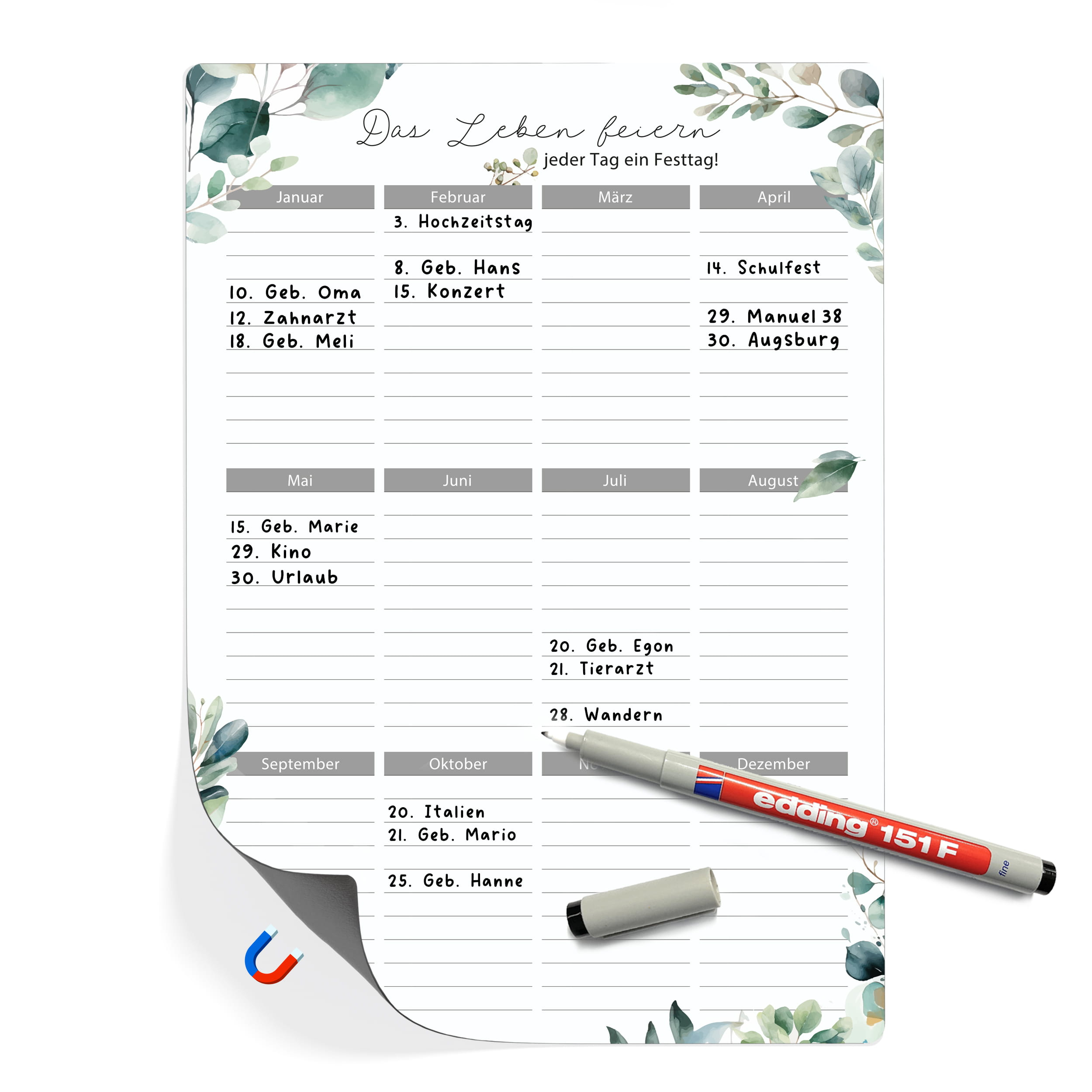 Geburtstagskalender magnetisch A4 Eukalyptus