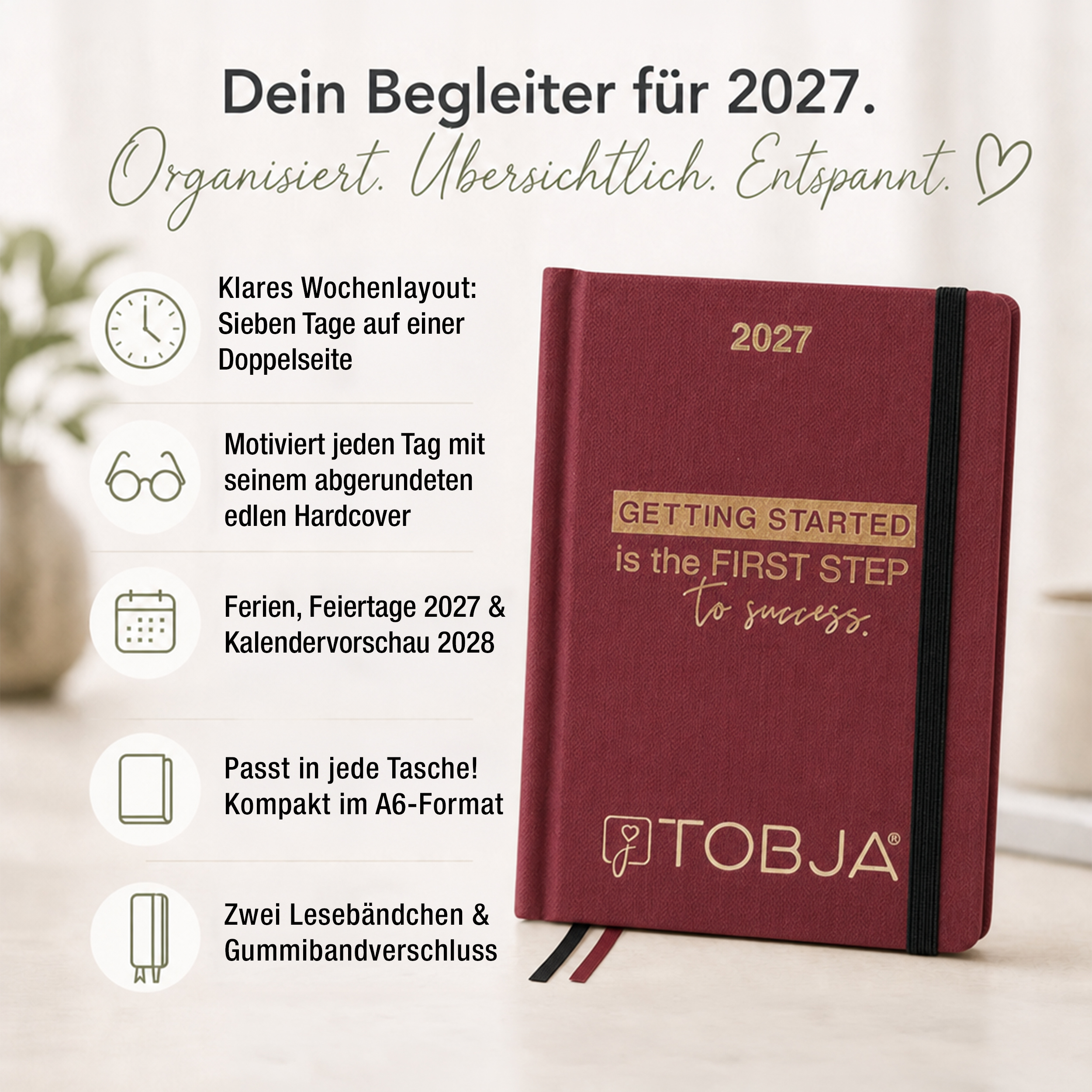 Taschenkalender 2027 A6 Bordeaux mit Goldprägung