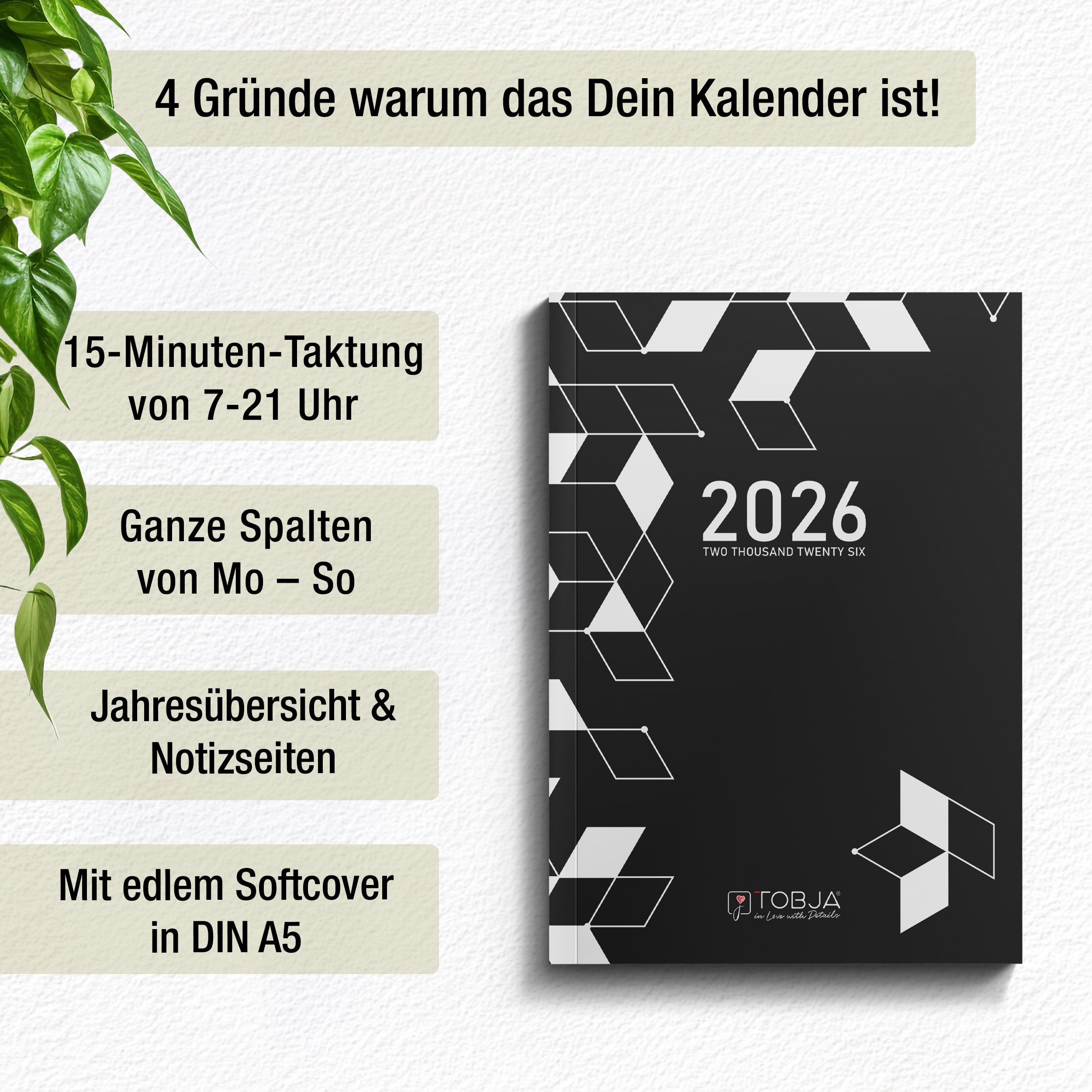Taschenkalender 2026 A5 mit 15-Minuten-Taktung