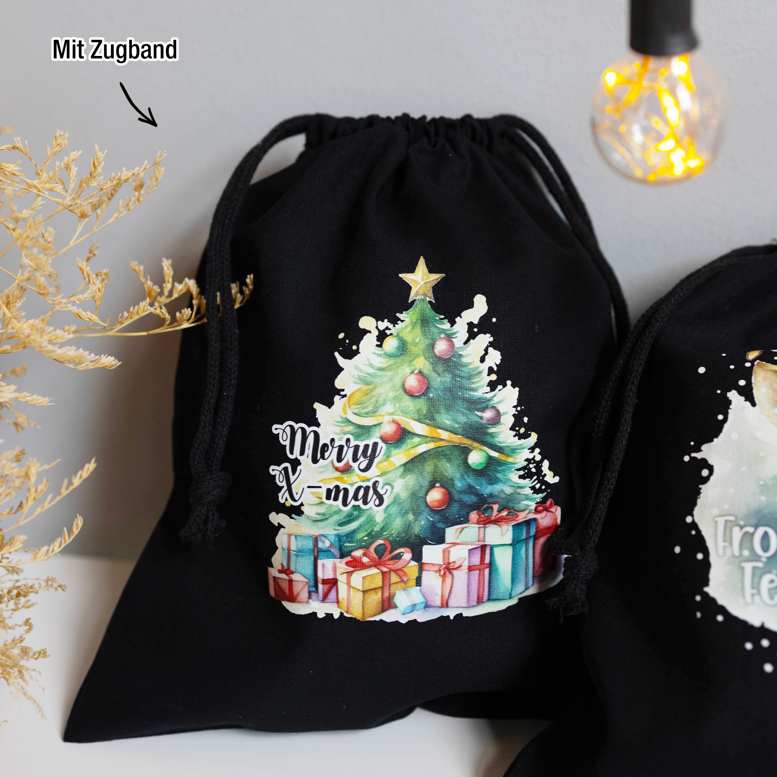 Weihnachtsbeutel Baumwolle Schwarz 3er Set