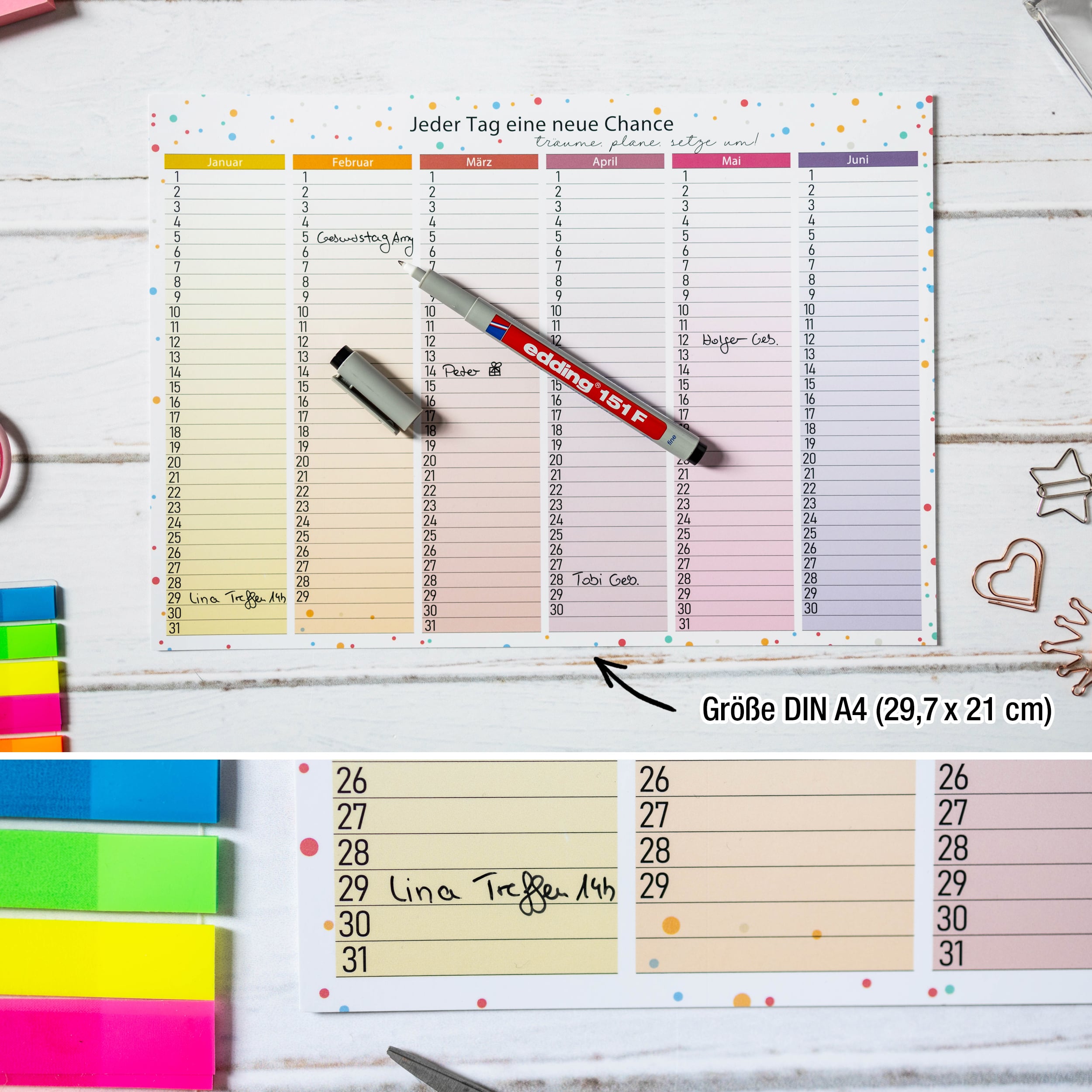 Immerwährend Kalender A4 "bunt" abwischbar