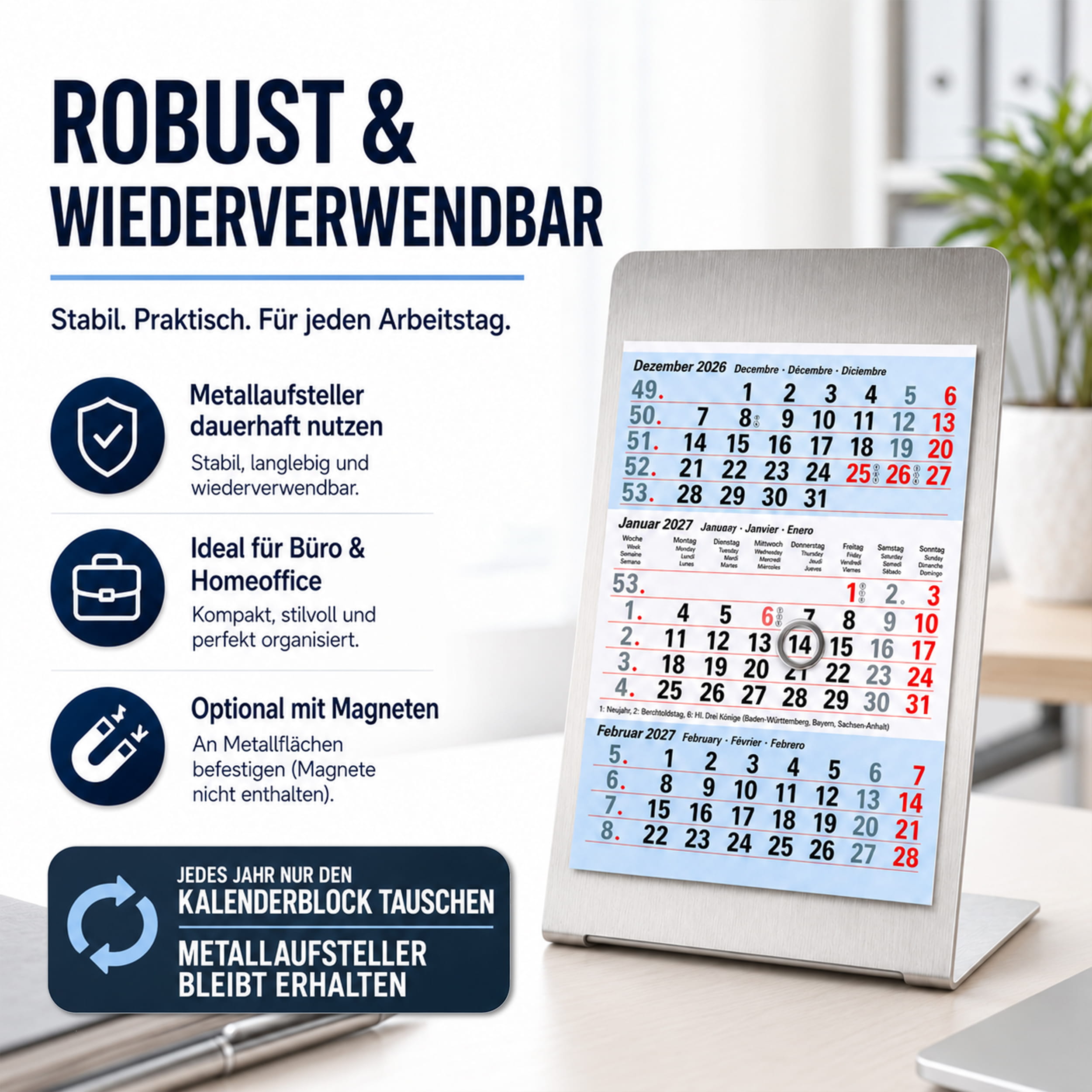 Magnet-System Ice – Tischkalender 2027 mit Metallaufsteller