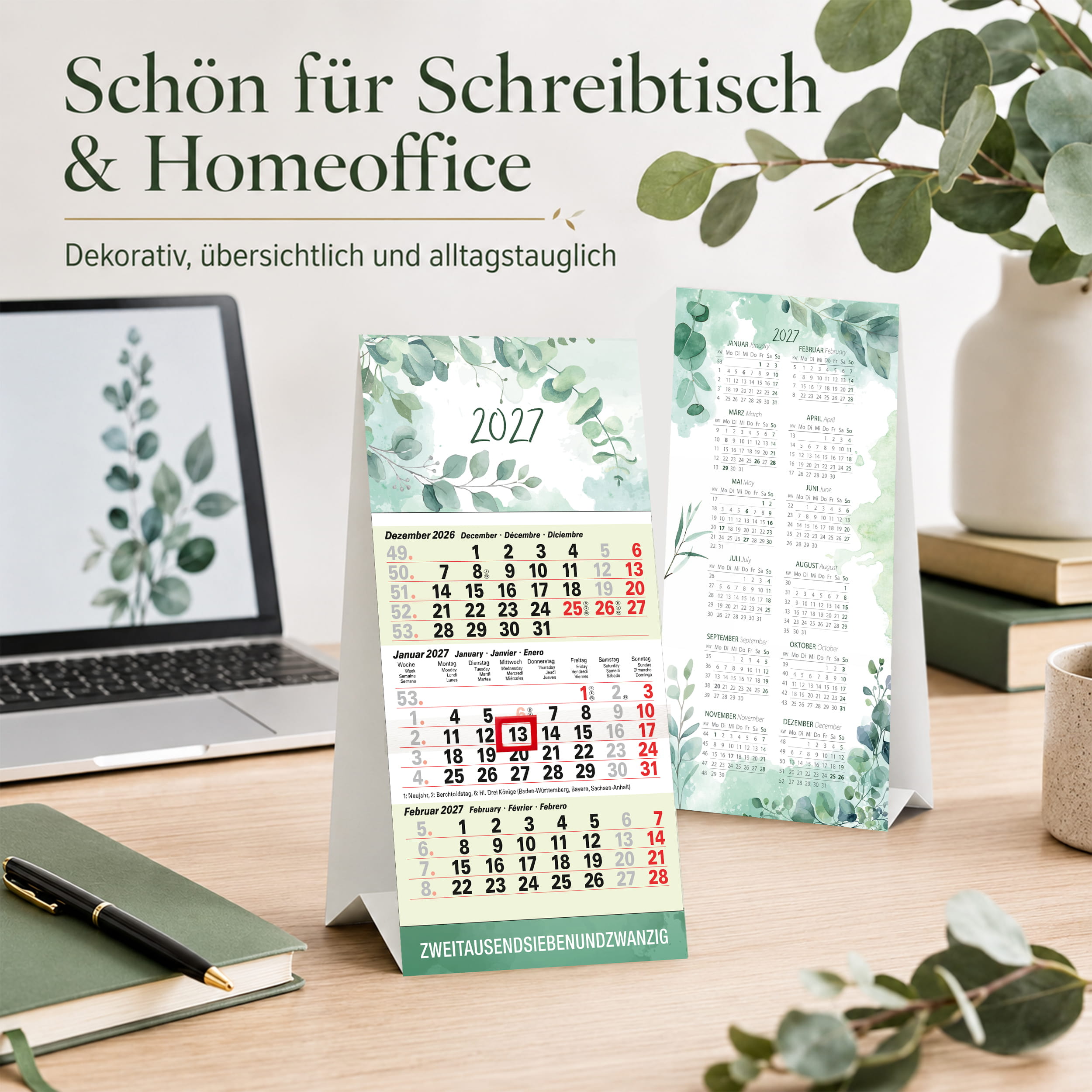 Tischkalender 2027 Eukalyptus – 3 Monatskalender