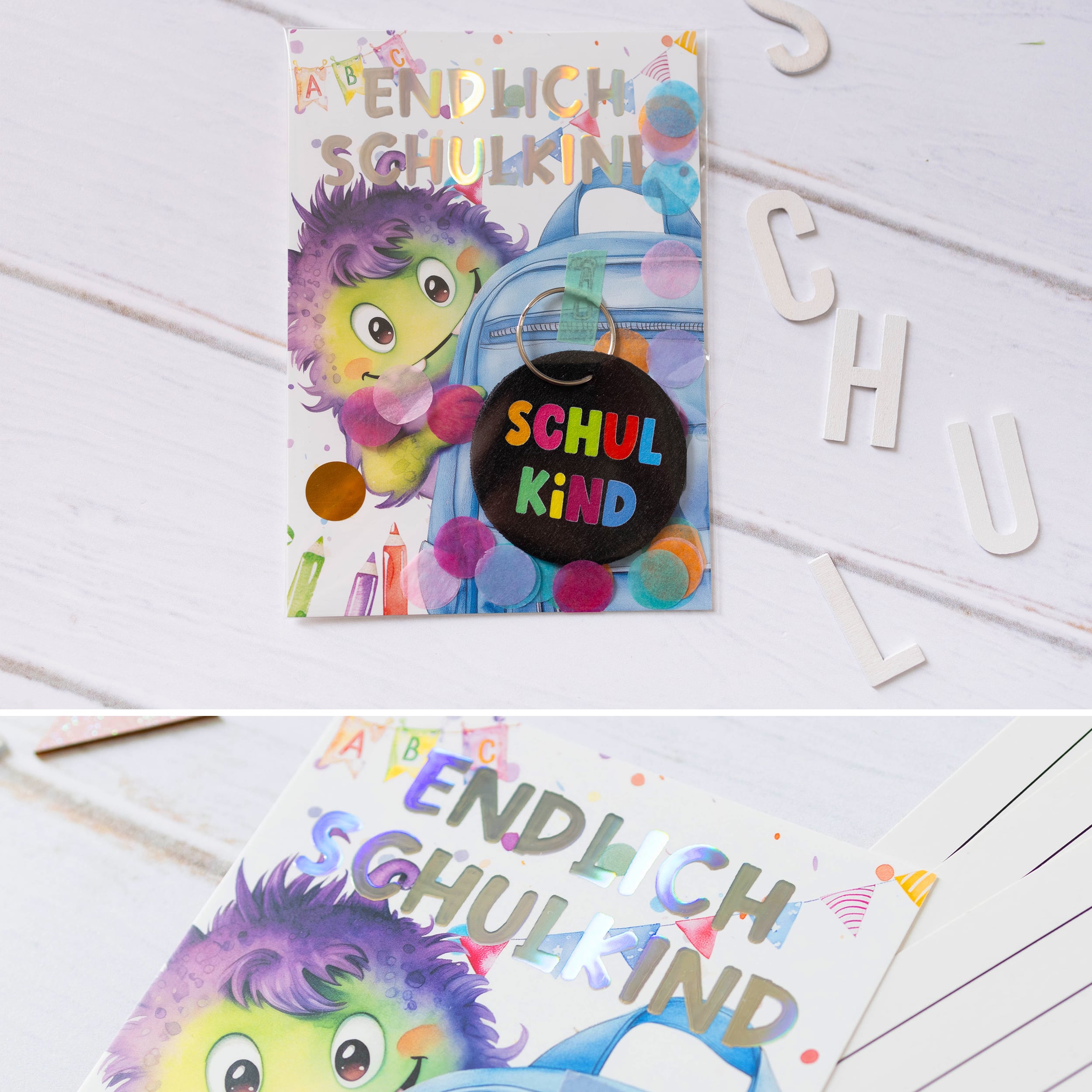 A6 Karte Glückwunsch Einschulung Monster + Anhänger Ohne Name