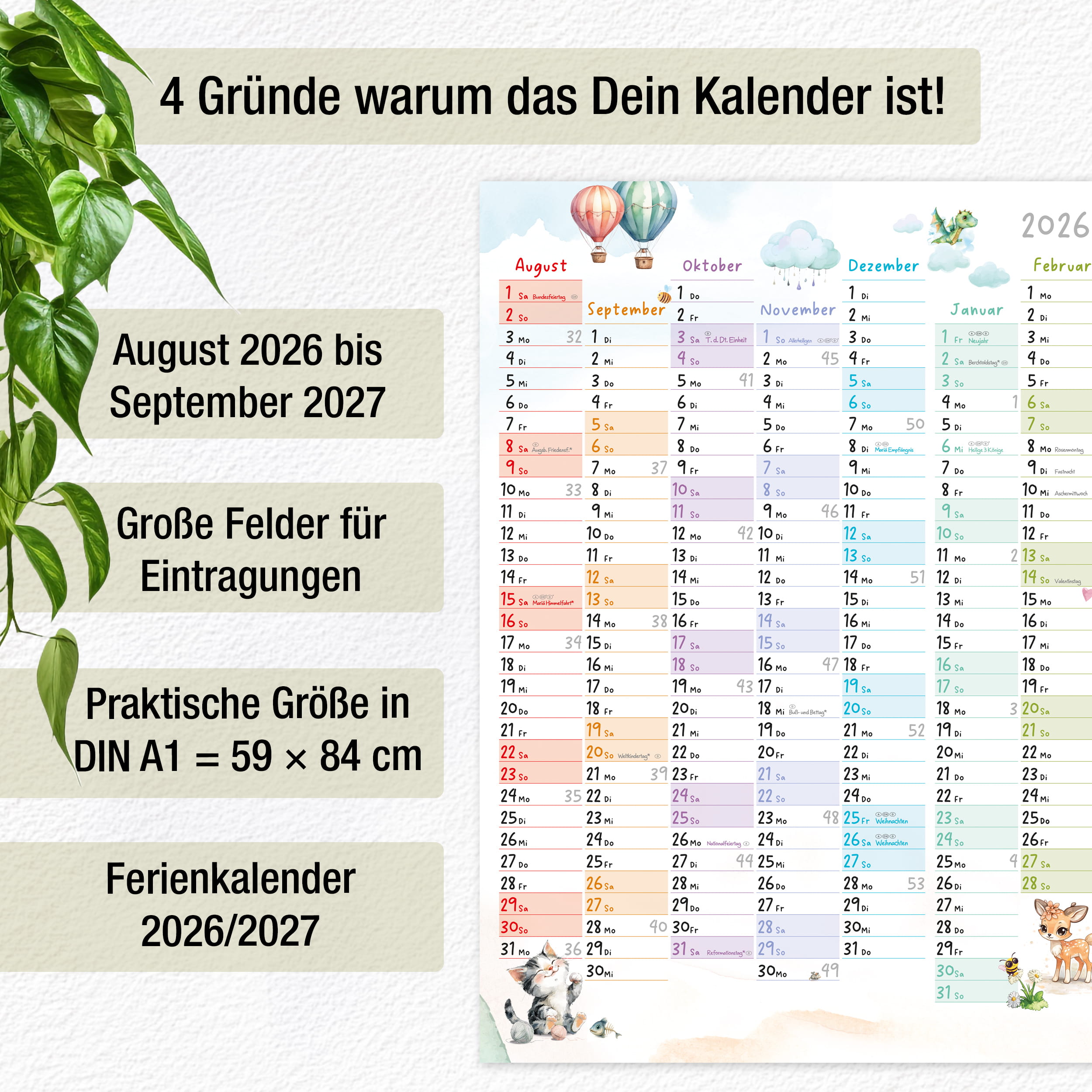 Schuljahreskalender A1 2026/2027 „Tierwelt Pastell"