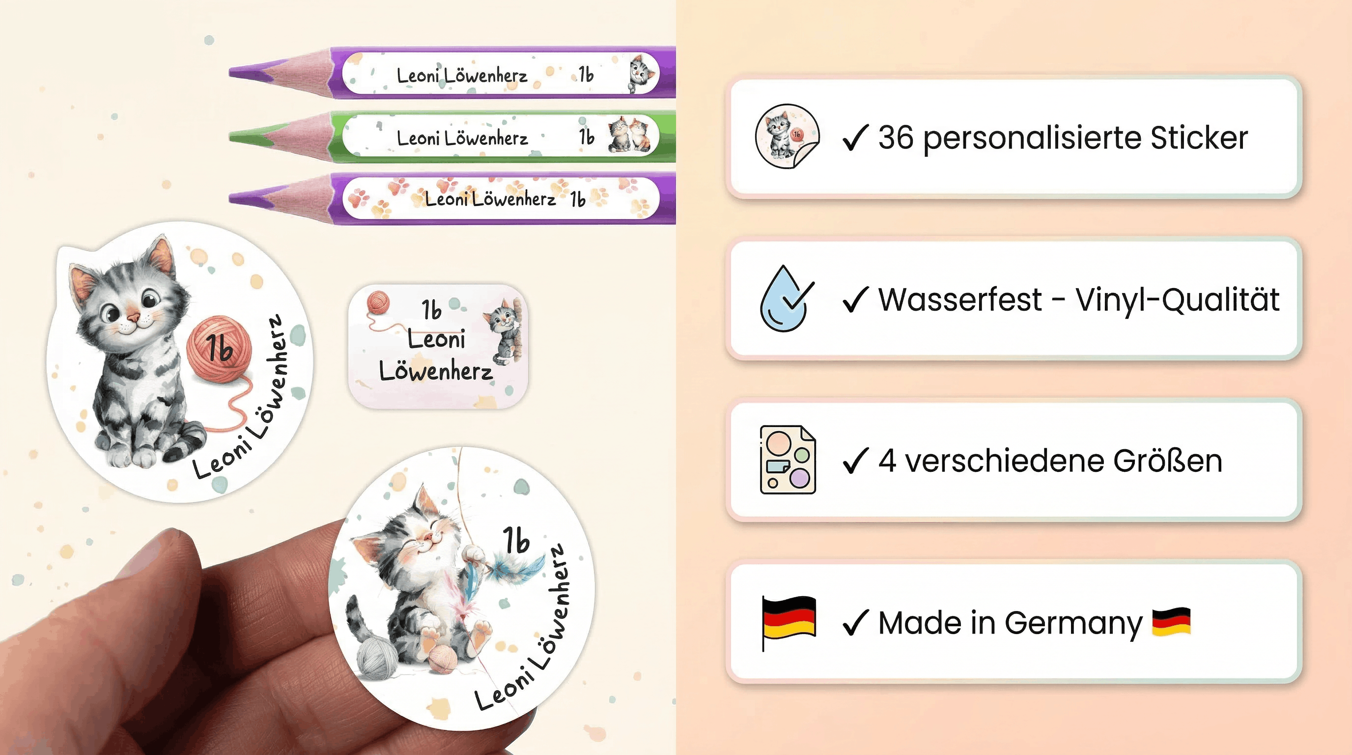 Namensaufkleber Kinder Schule personalisiert Katze