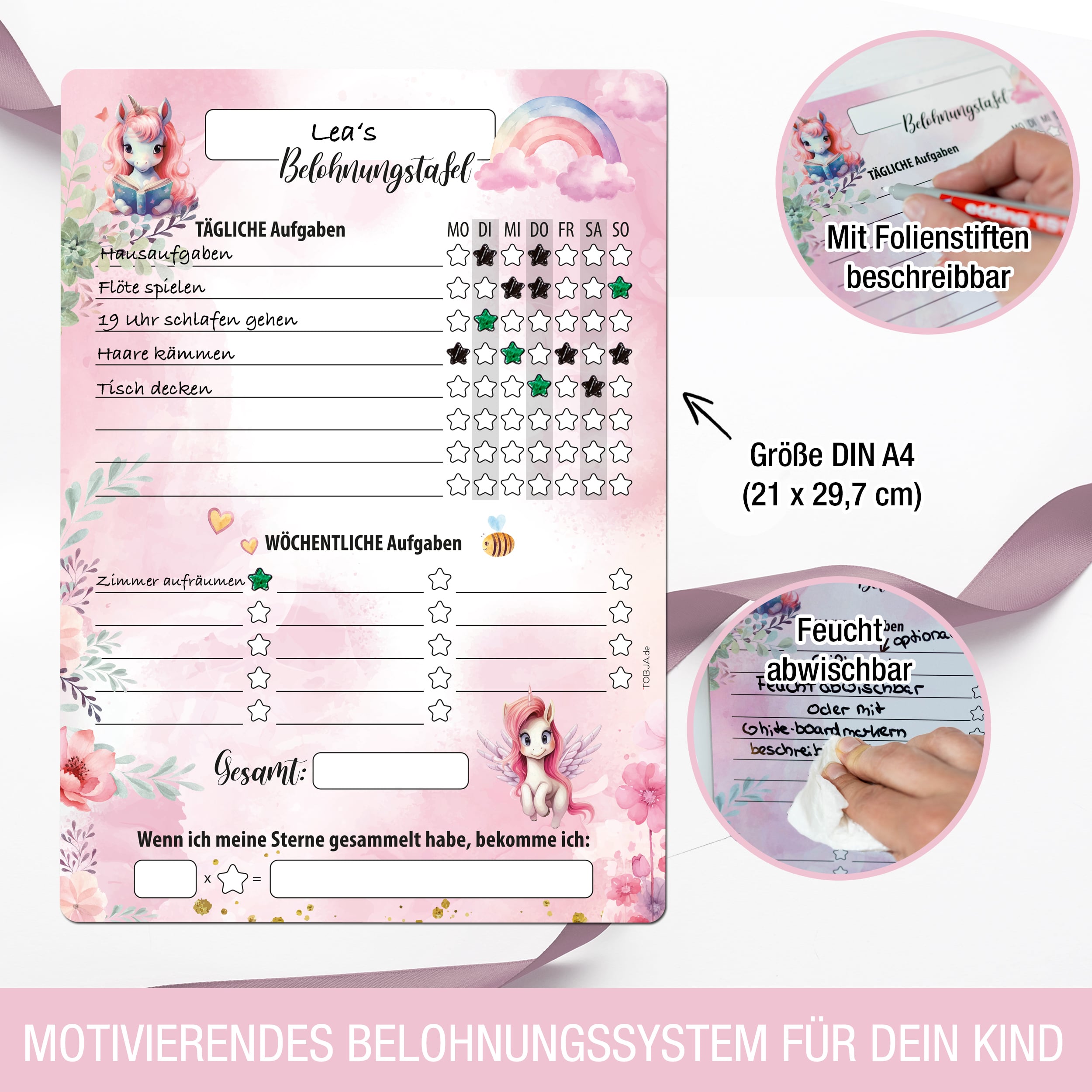 Belohnungstafel A4 magnetisch Einhorn + 4 Markenstifte