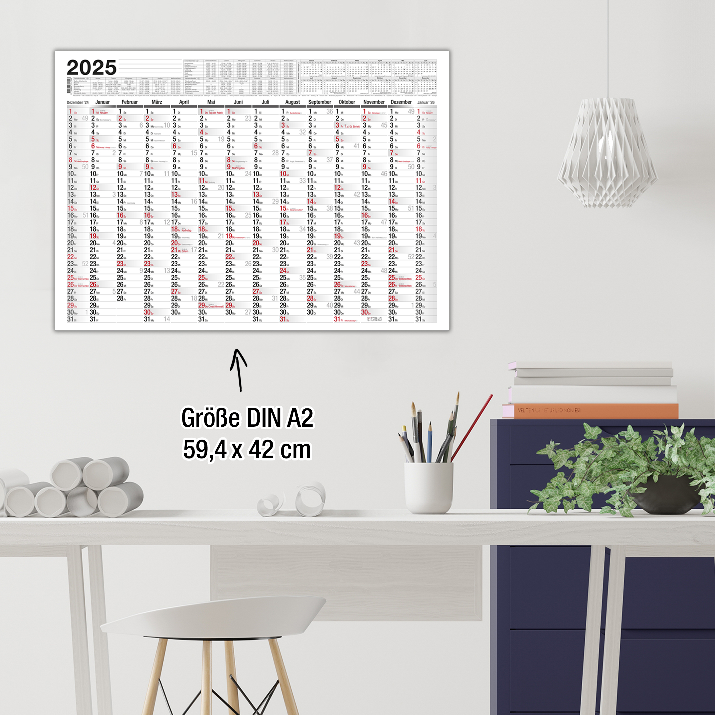 A2 Kalender 2025 - Großer Wandkalender mit Wochennummern und Feiertagen  Jetzt bestellen