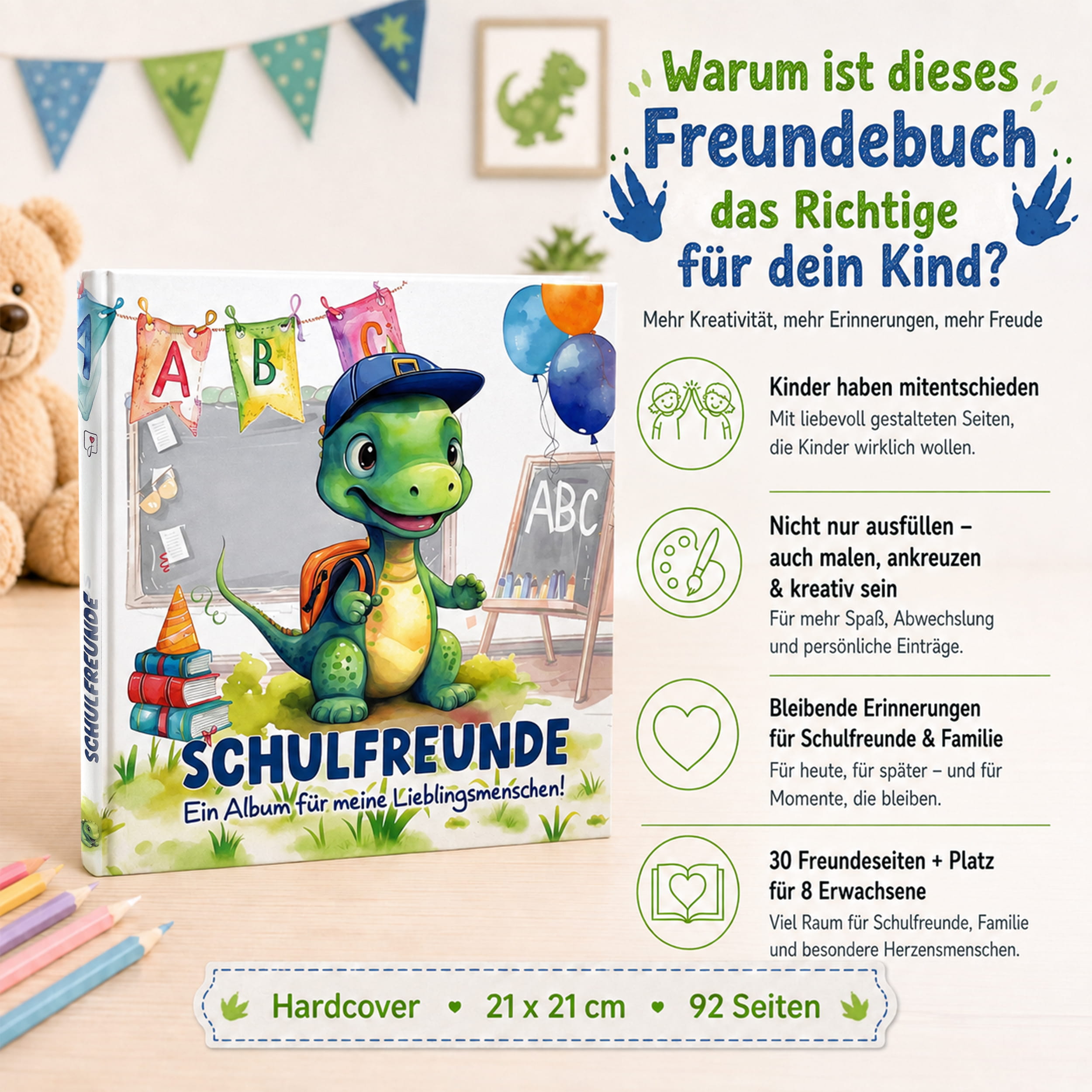 Freundebuch Grundschule Dino – 21 x 21 cm Hardcover