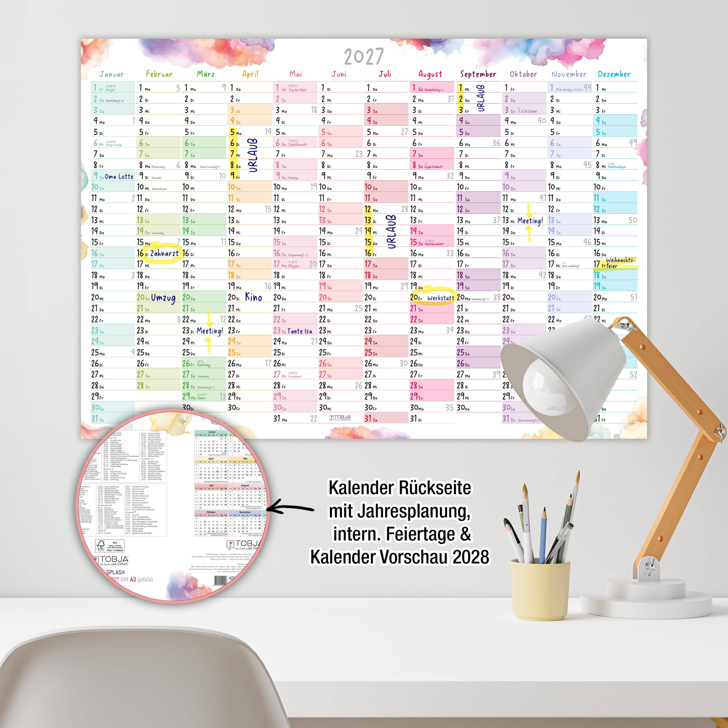 Wandkalender 2027 A3 Aquarell Splash
