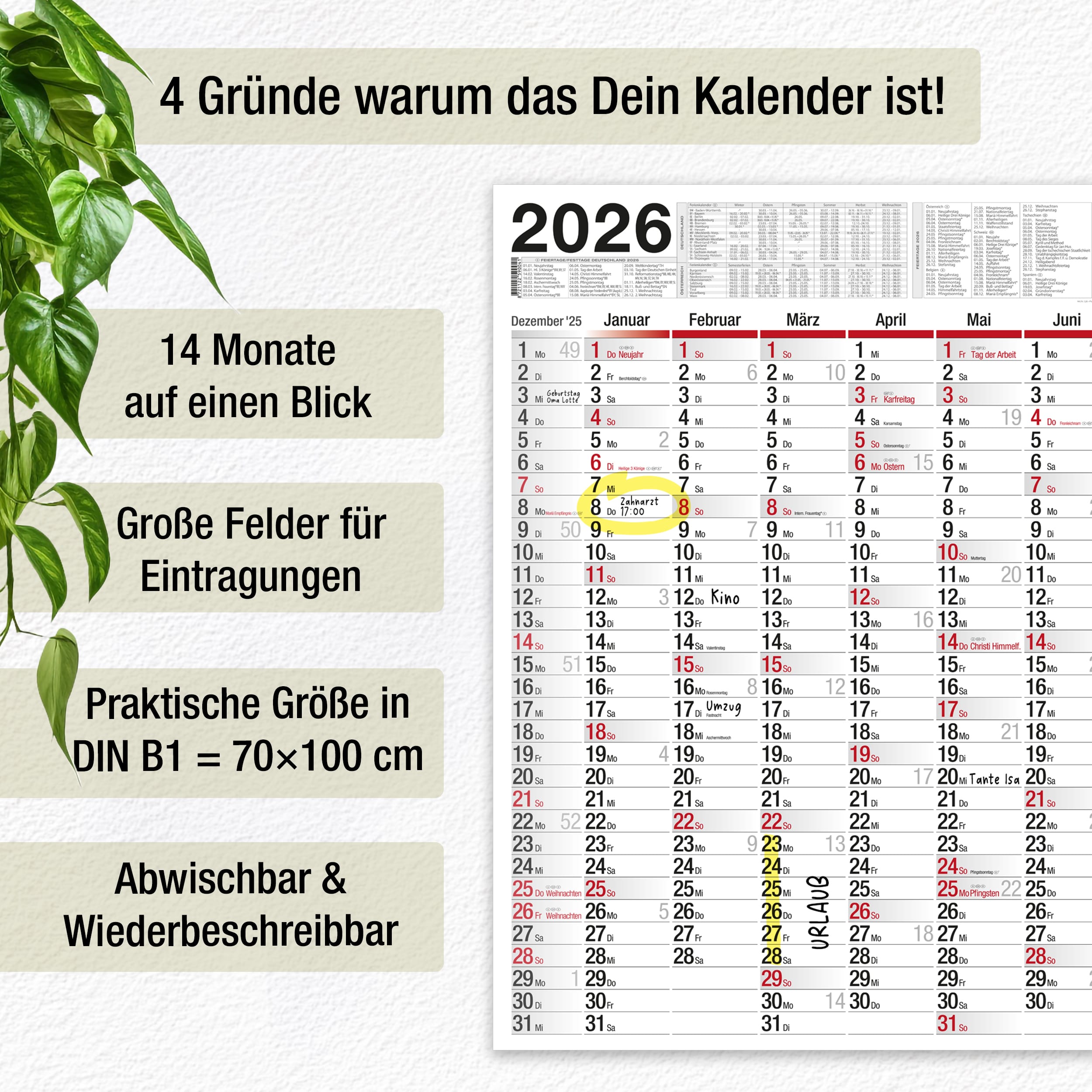 Wandkalender 2026 "Big Planer" [abwischbar] Kalender + 1 Stift