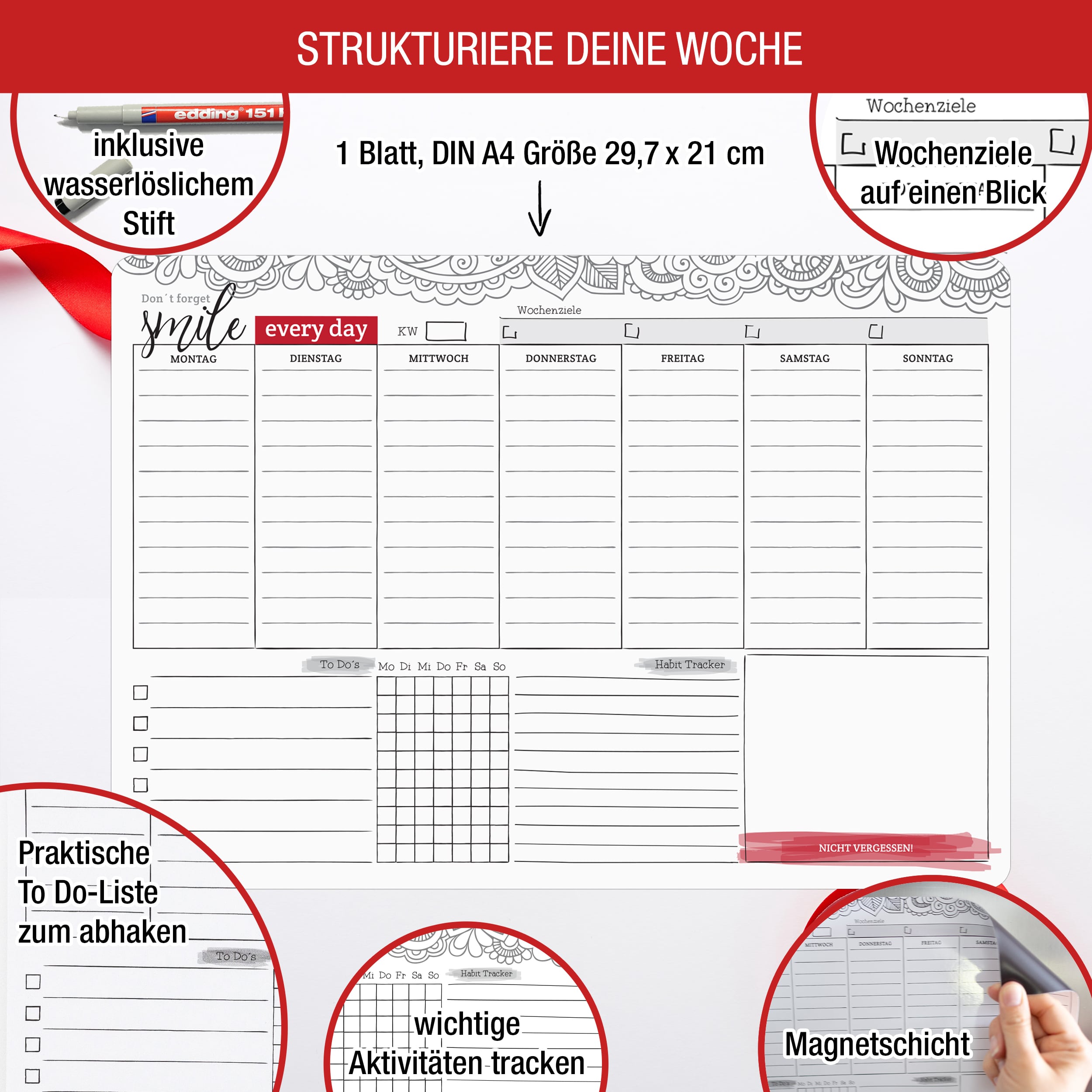 Magnetischer Wochenplaner inkl. Stift