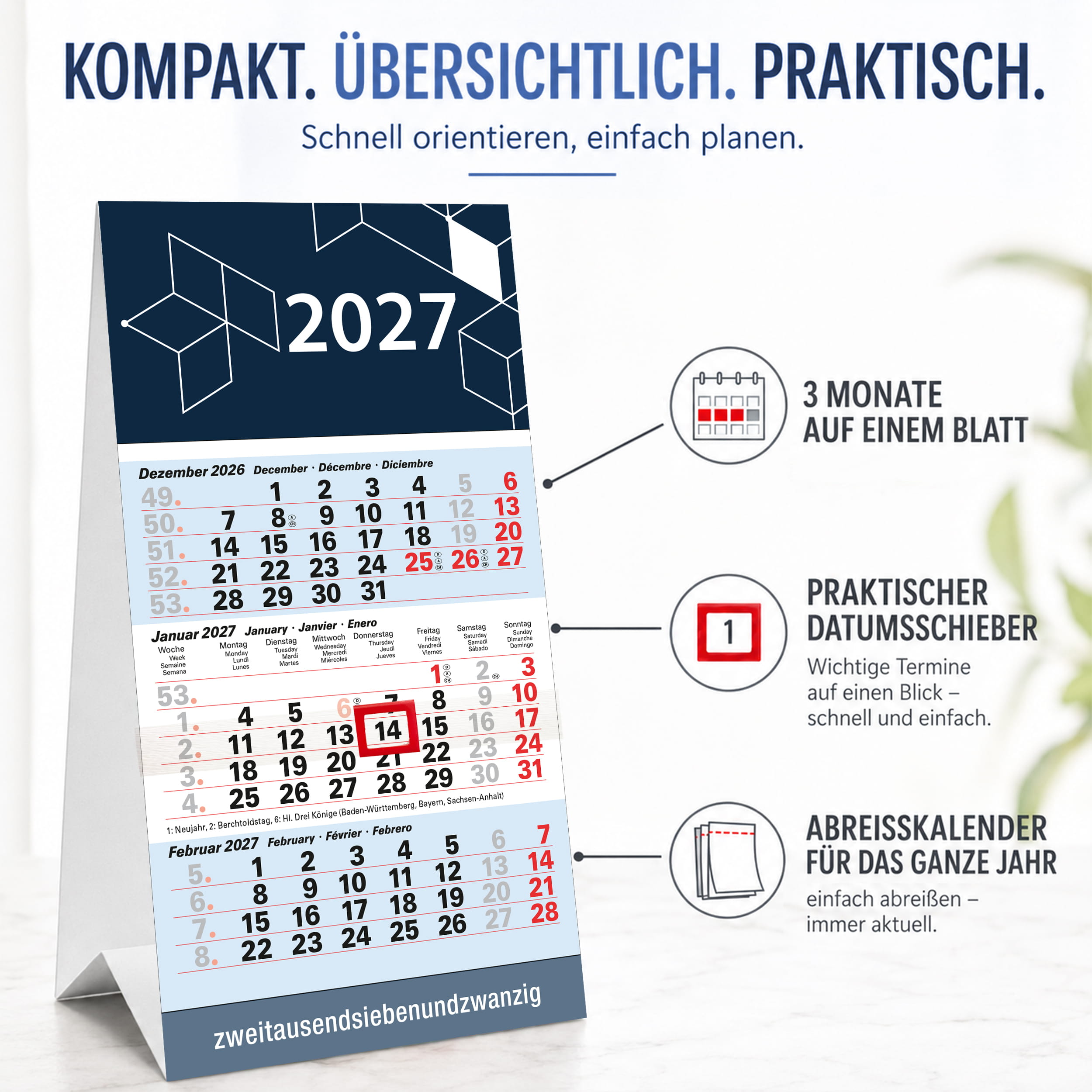 Tischkalender 2027 Cubes – 3 Monatskalender
