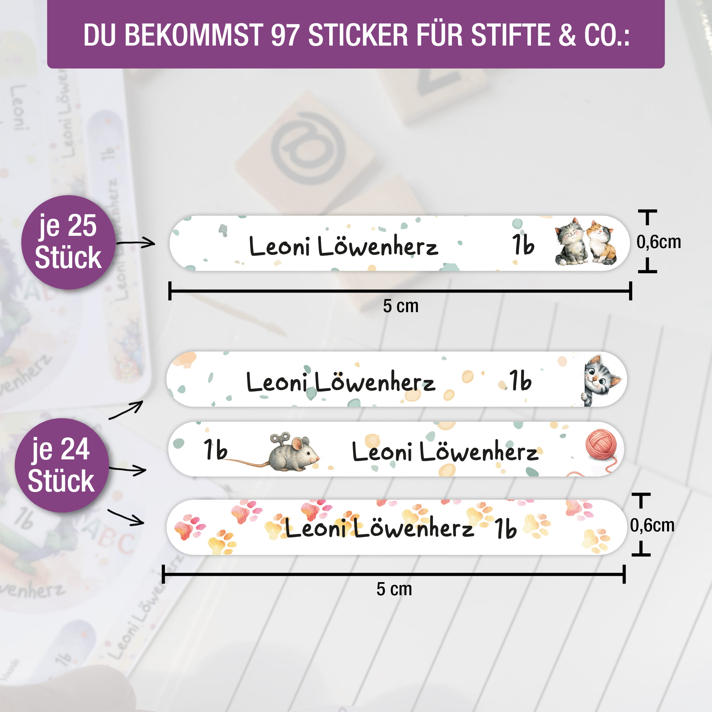 Namensaufkleber für Stifte, personalisiert Katze