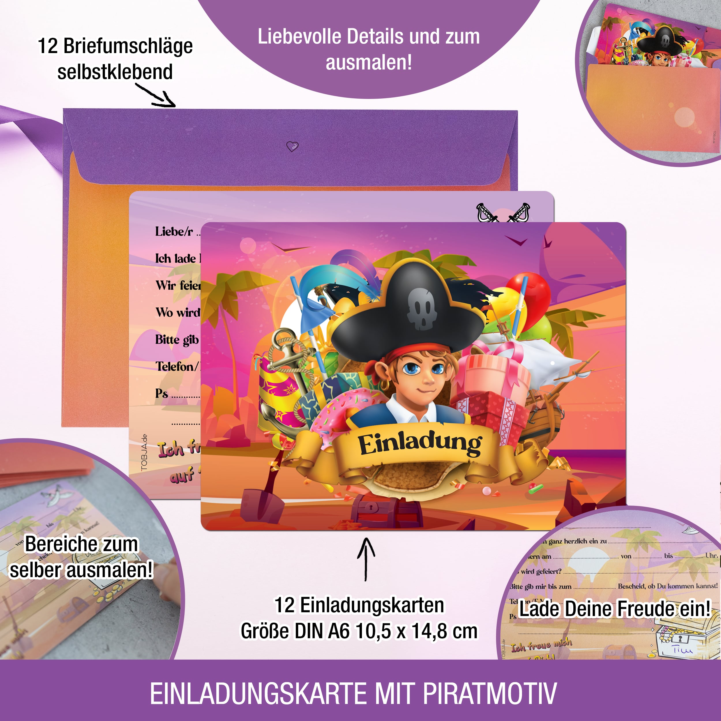 12 Einladungskarten inkl. Umschläge "Piraten Party"