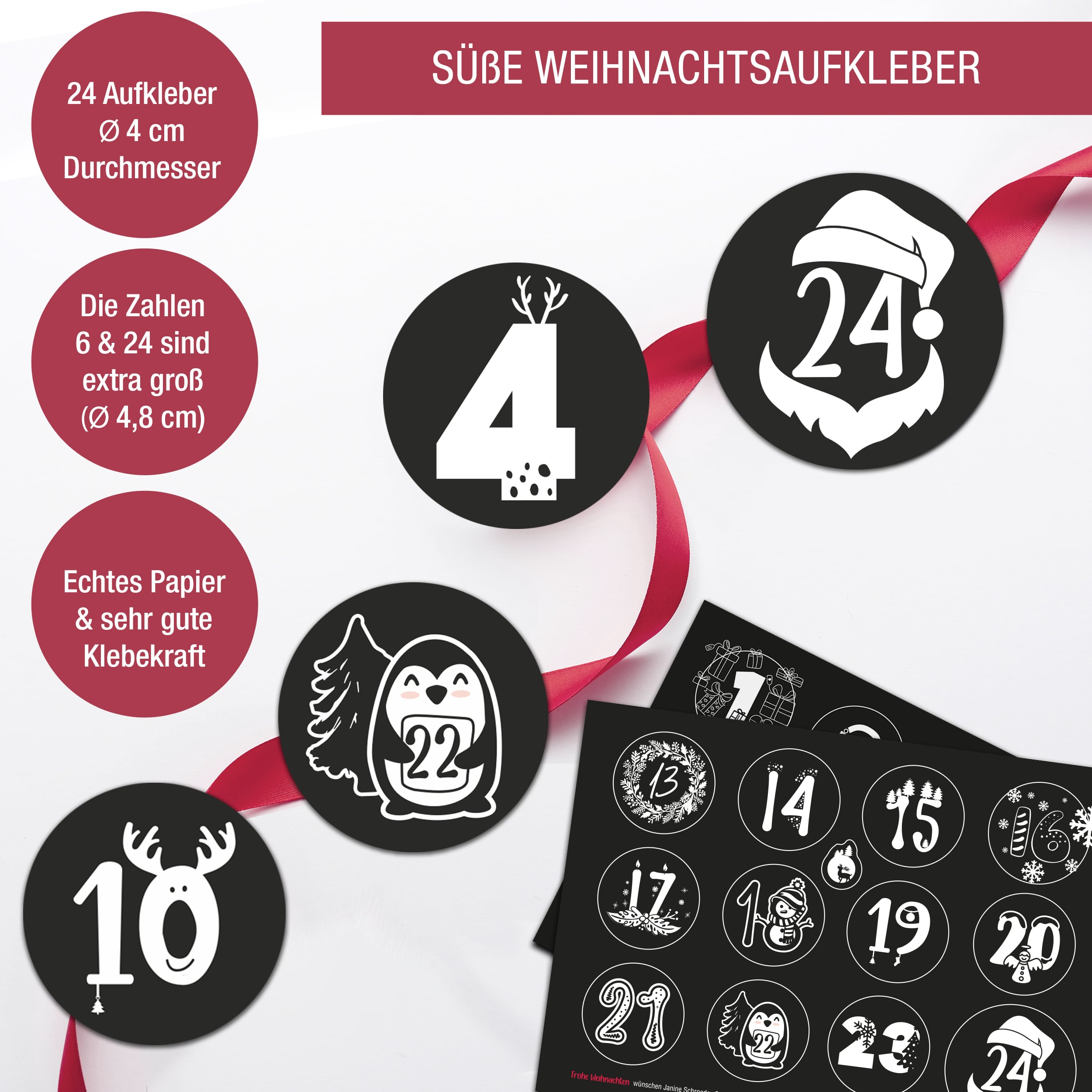 Adventsaufkleber Zahlen 1-24 schwarz-weiß