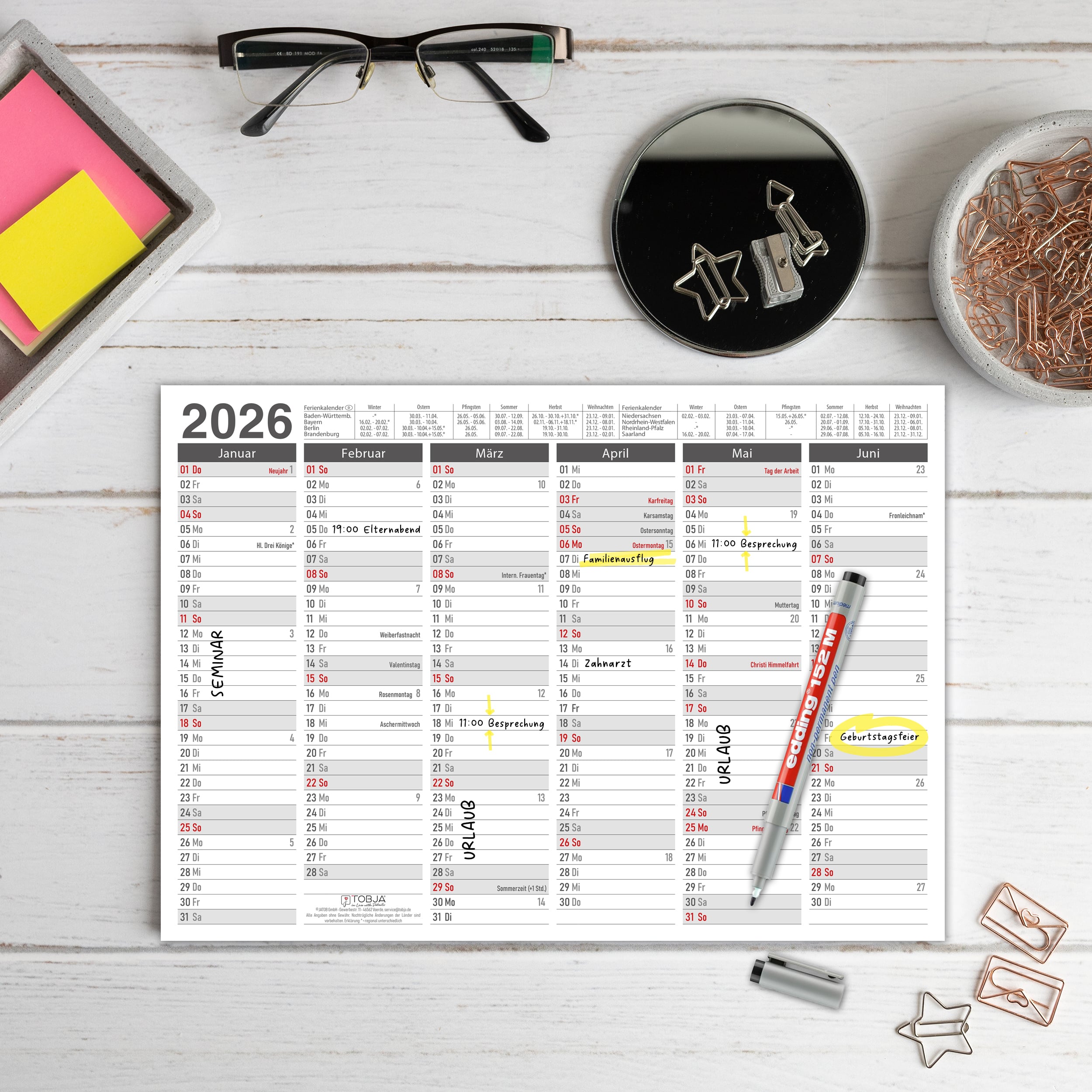 Abwischbarer A4 Tafelkalender 2026 "Grau"  Kalender inkl 1 Stift