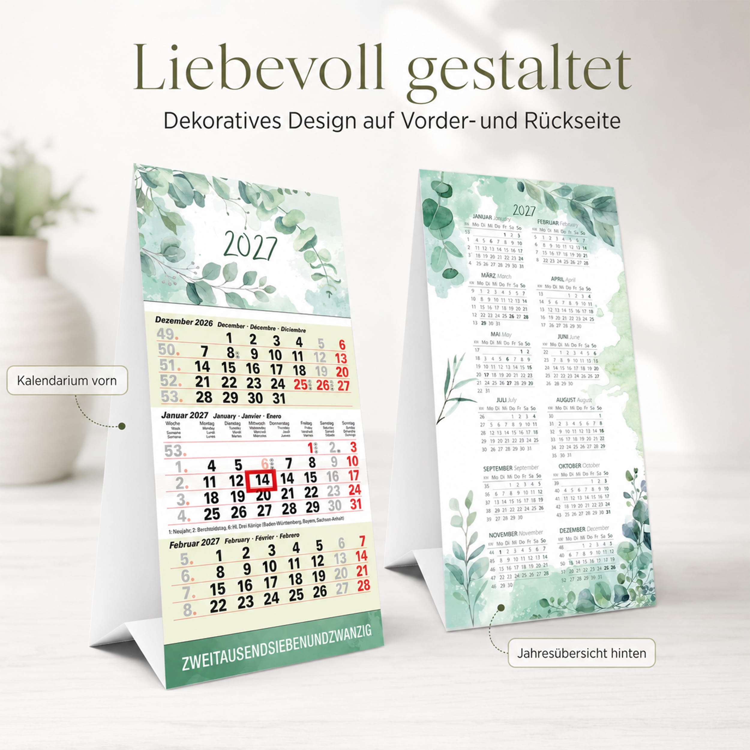 Tischkalender 2027 Eukalyptus – 3 Monatskalender