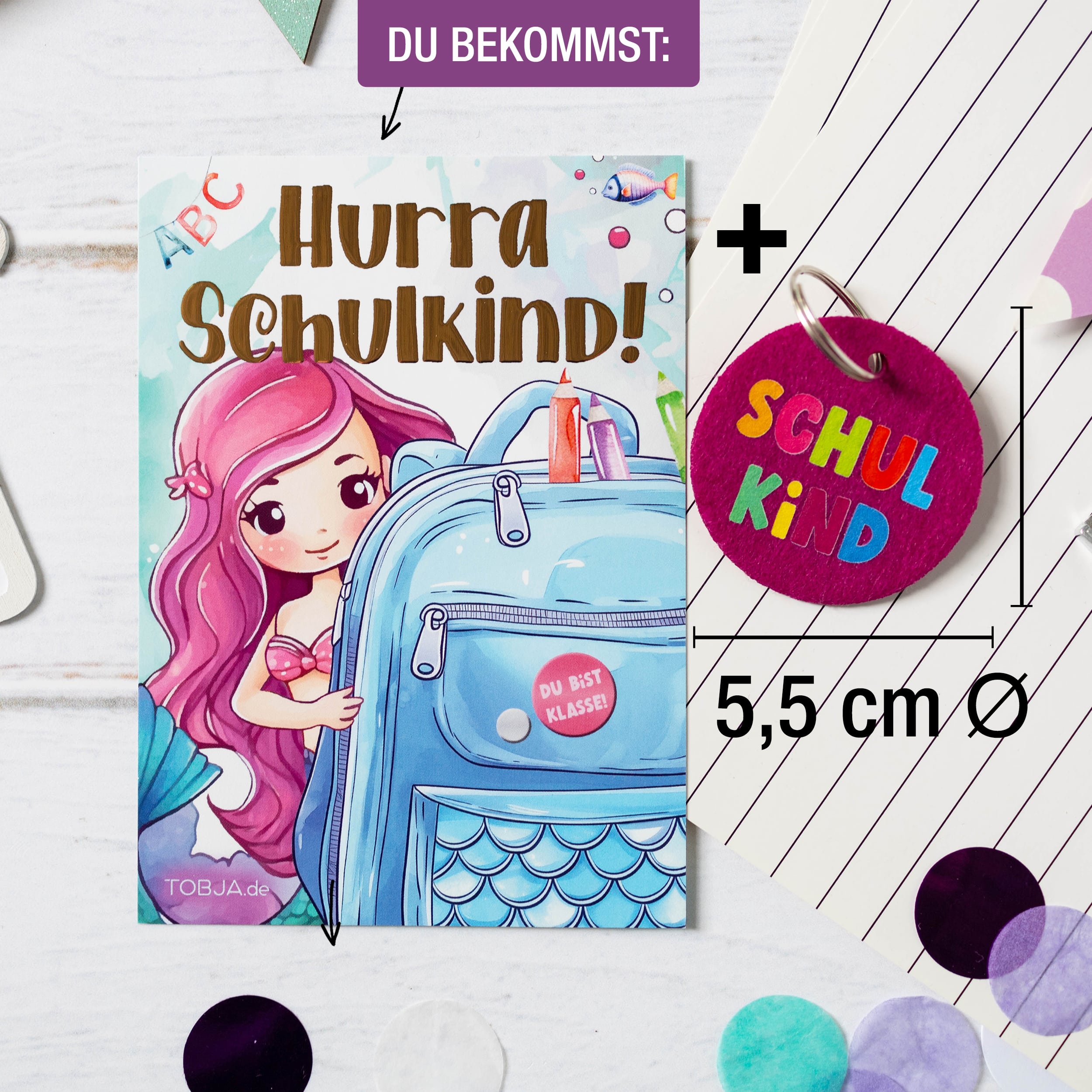 A6 Karte Glückwunsch Einschulung Meerjungfrau + Anhänger Mit Name