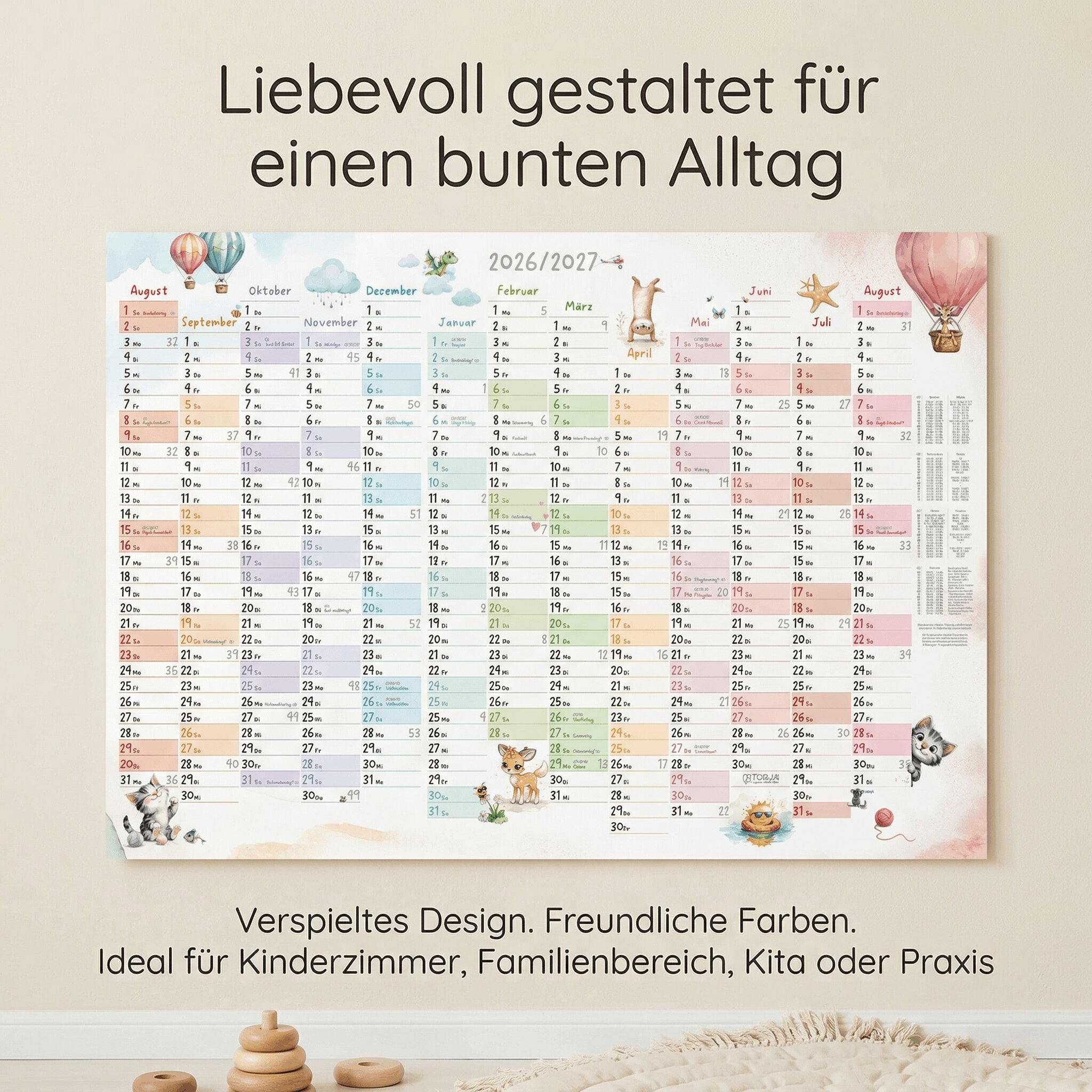 TOBJA Schooljaarkalender A1 2026/2027 Dierenwereld Pastel – 13 Maanden, Vakanties DE & AT, Beschrijfbaar