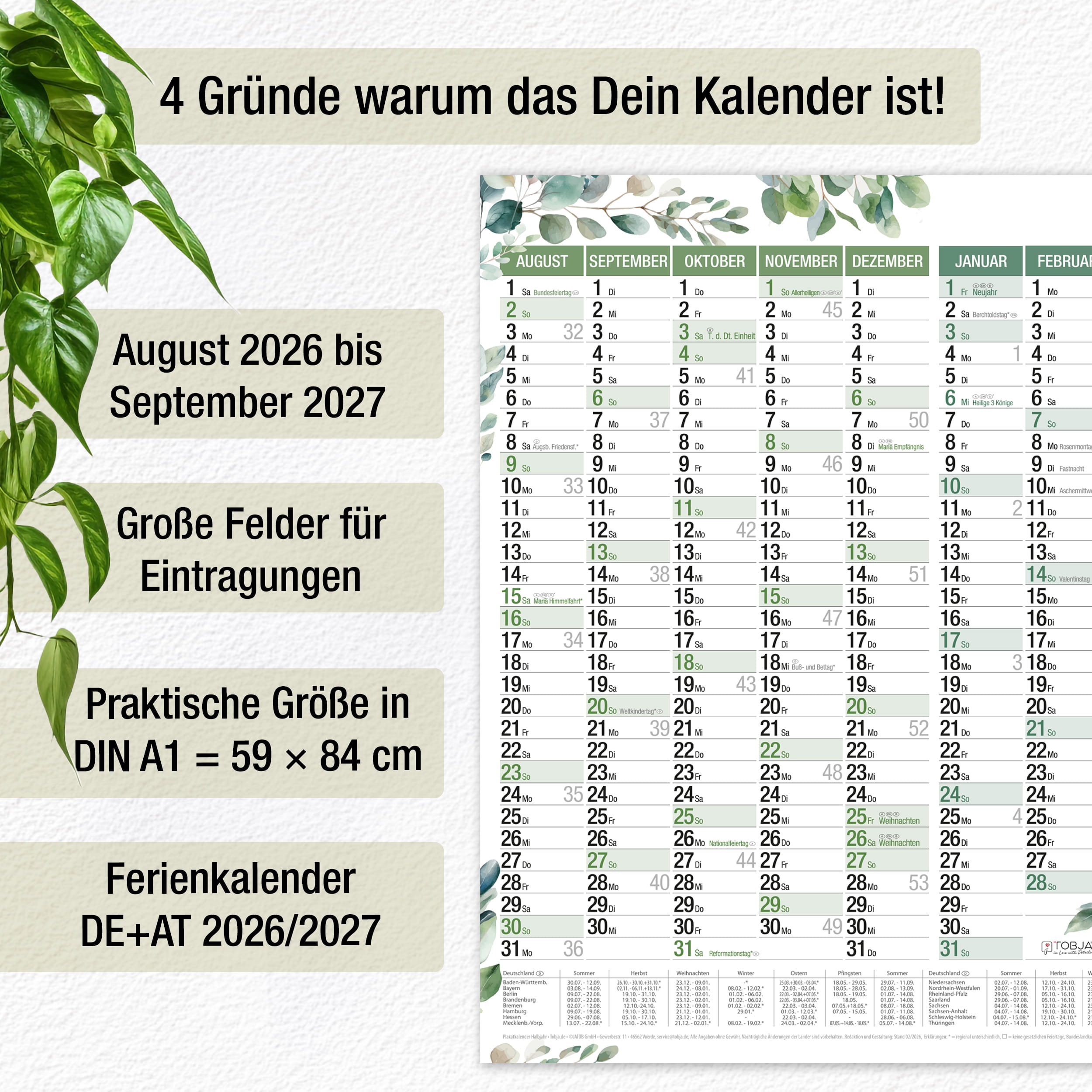 Schuljahreskalender A1 2026/2027 „Eukalyptus"