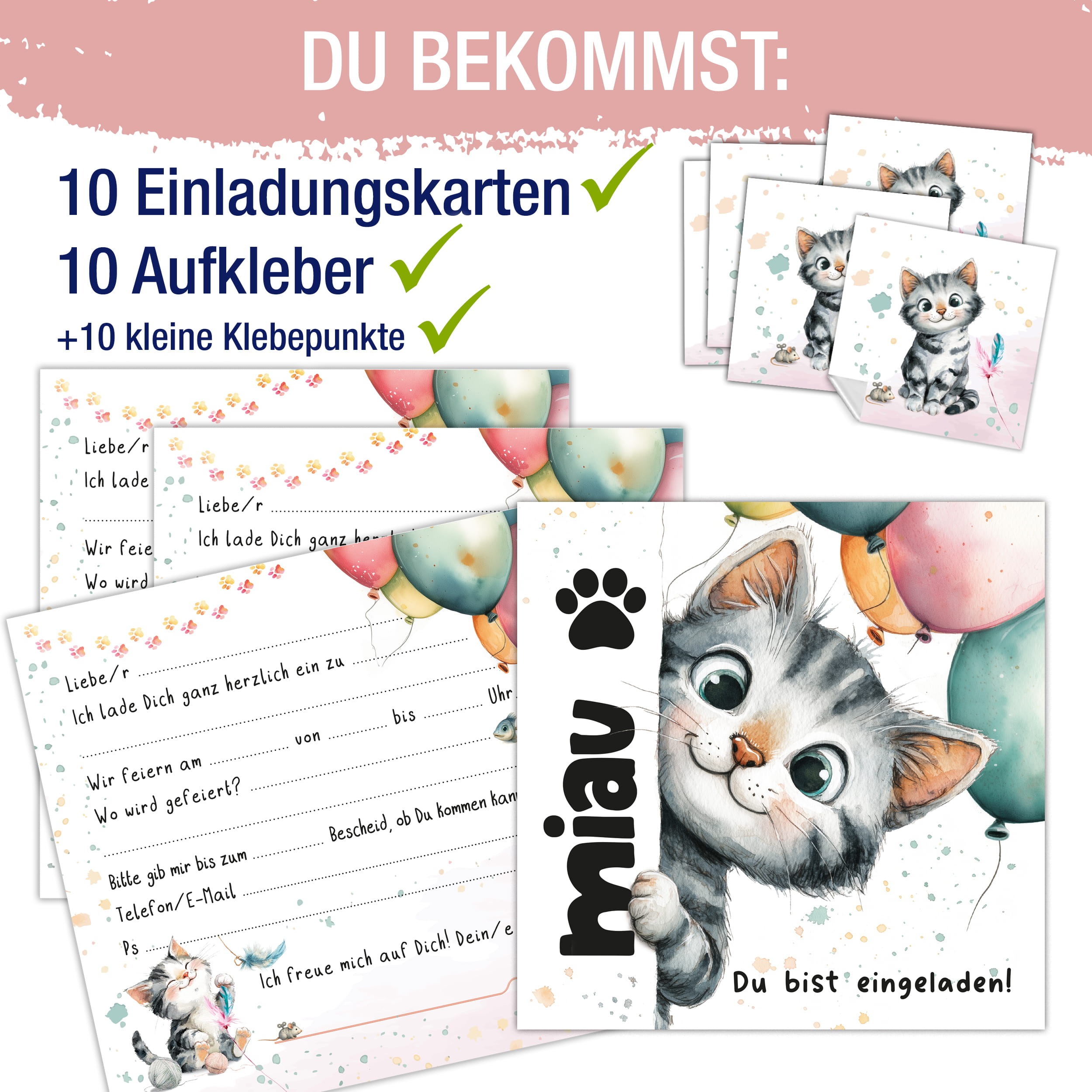 XXL Einladungskarten Katze – 10er-Set mit Stickern