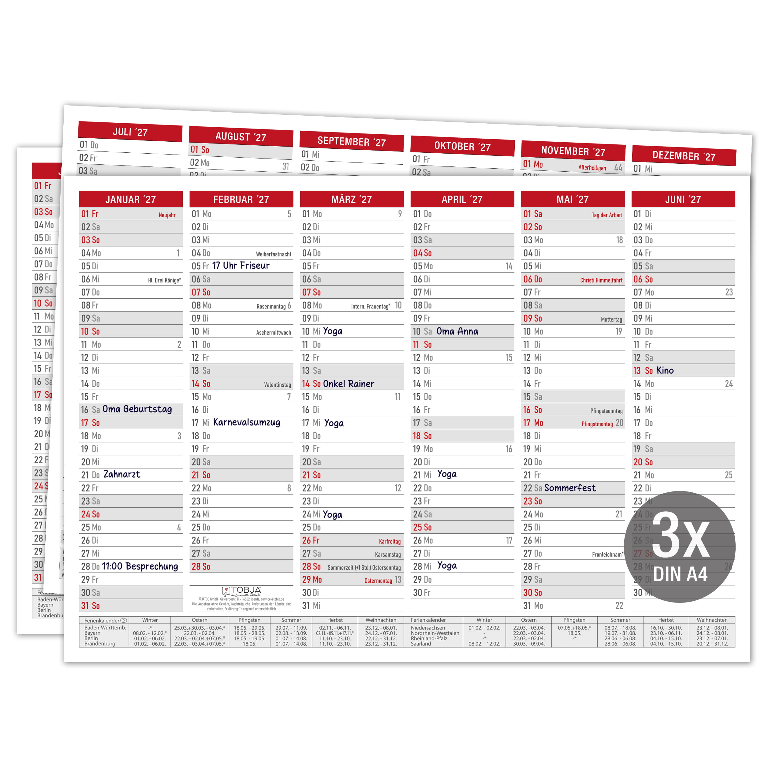 Tafelkalender 2027 Rot A4 - 3er Set