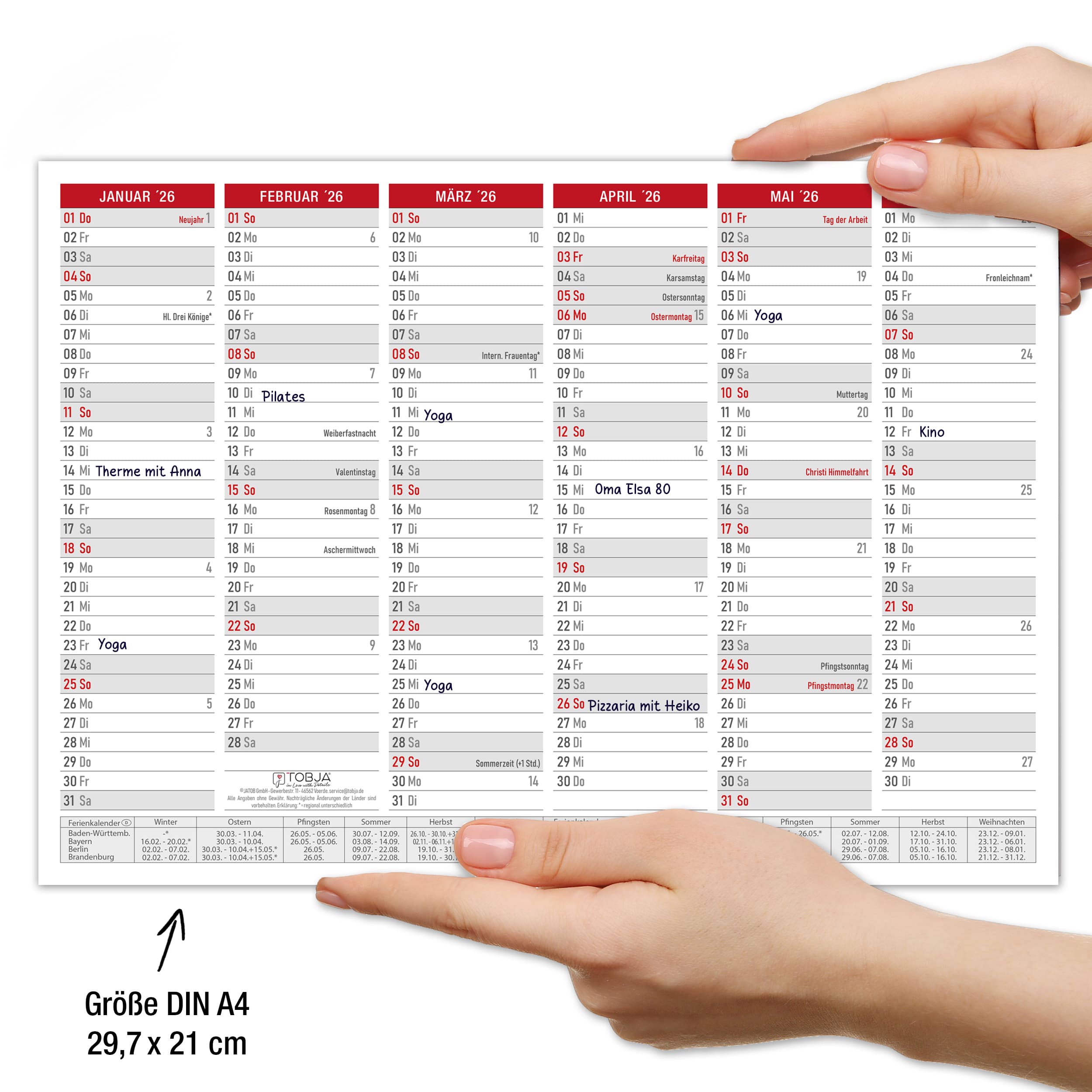 A4 abwischbar Tafelkalender ROT +1 Stift 2026 "Folie" Jahreskalender wiederbeschreibbar FSC