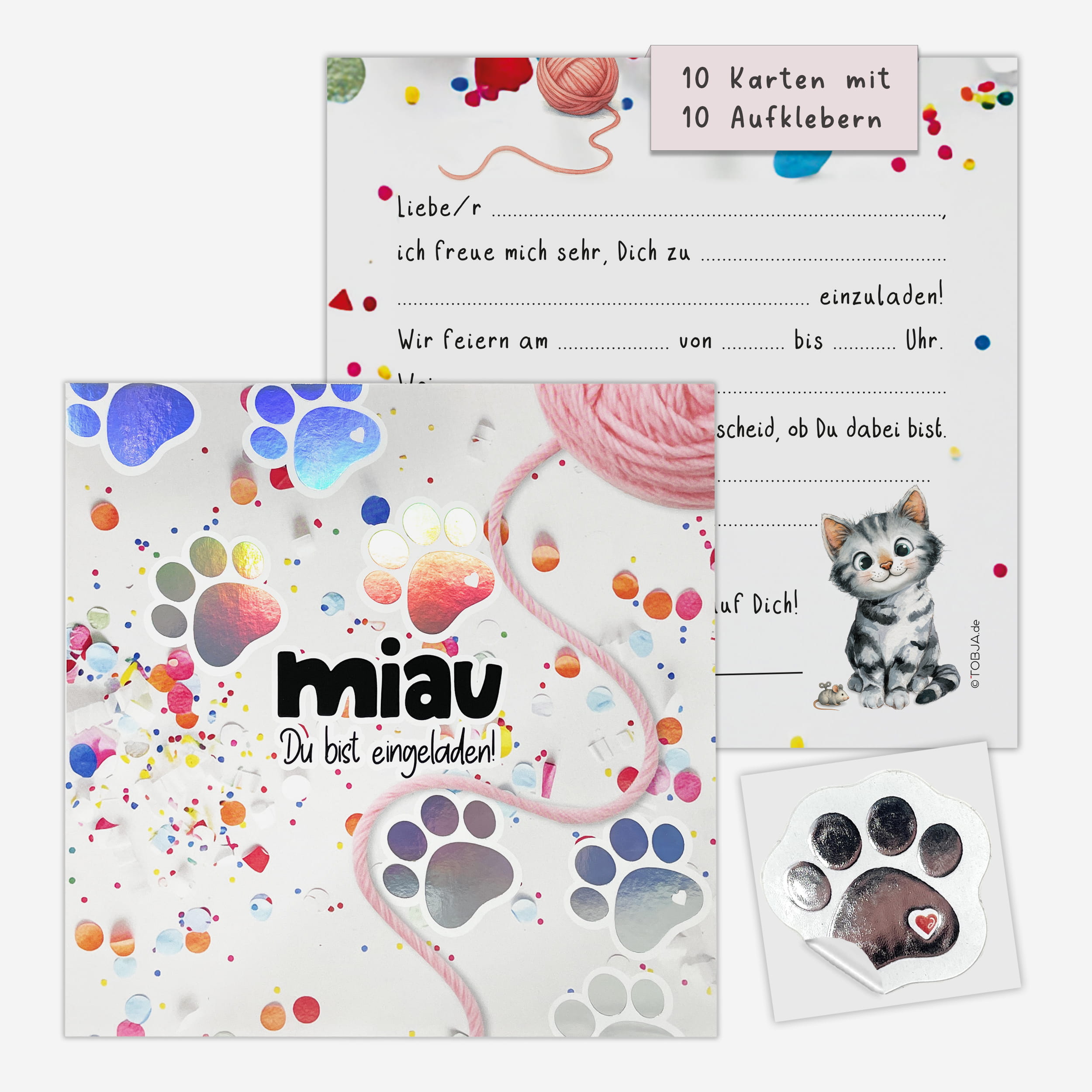XL Einladungskarten Katze Konfetti – 10er-Set mit Silberfolie-Stickern
