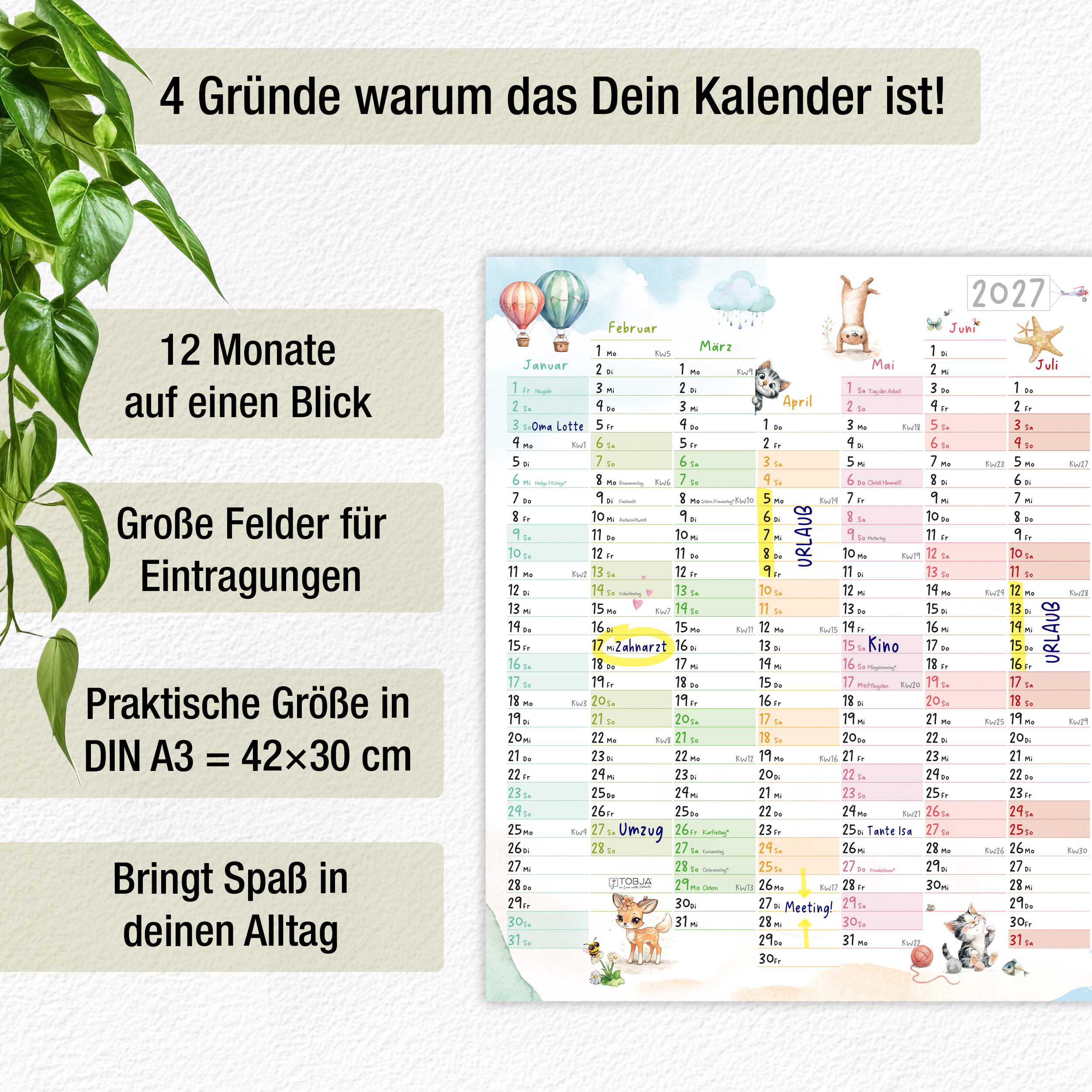 Wandkalender 2027 A3 Tierwelt Aquarell