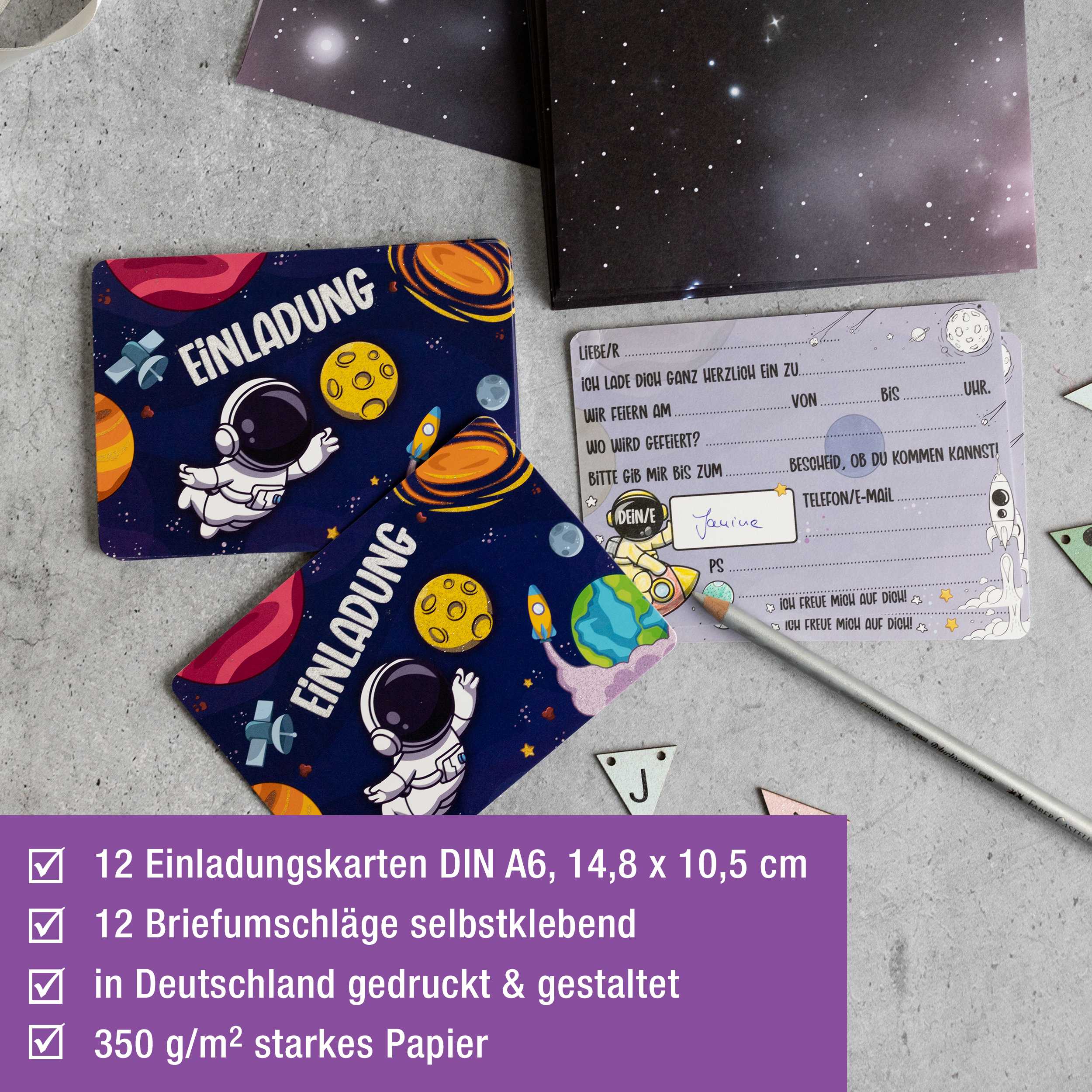 12 Einladungskarten inkl. Umschläge "Astronauten Party"