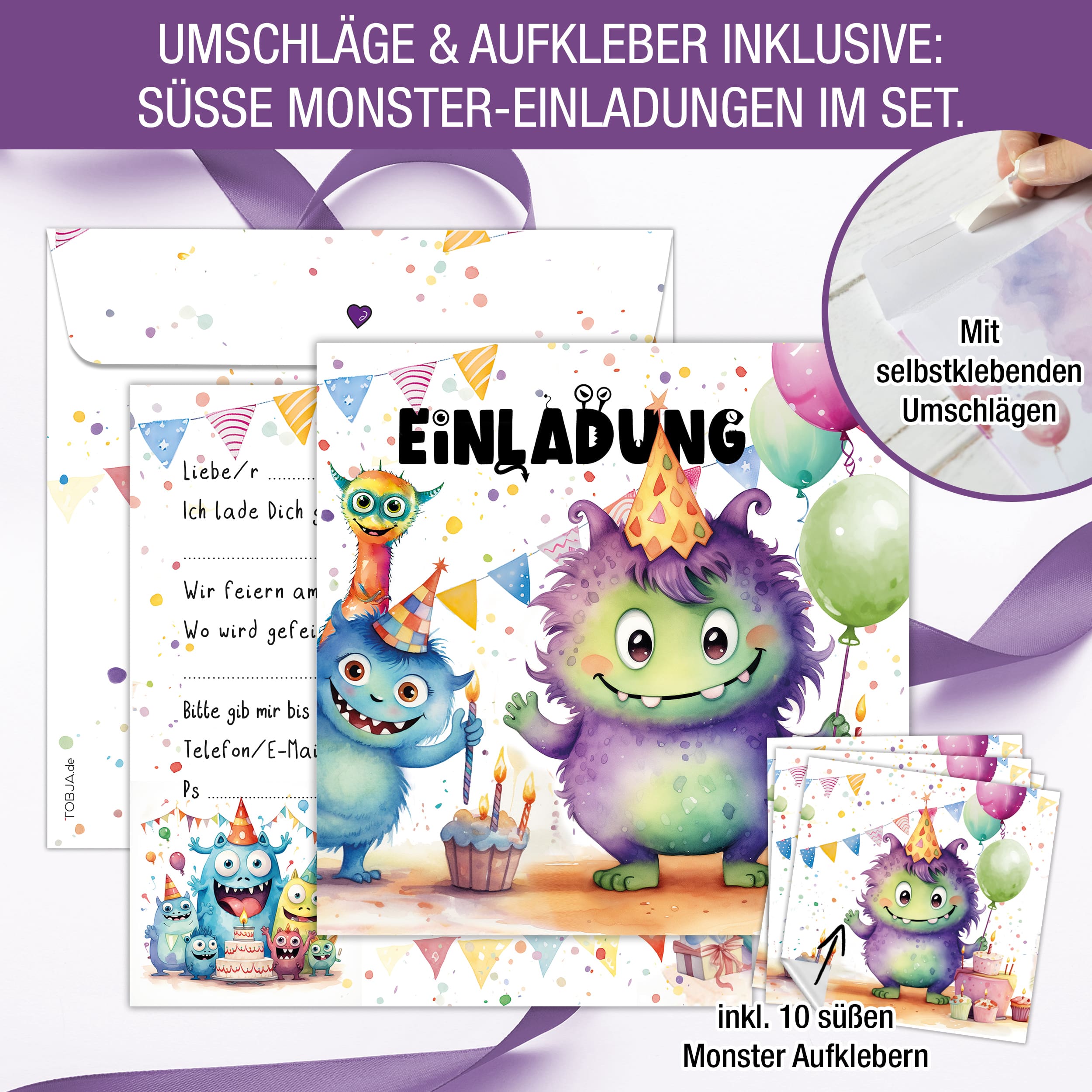 Einladungskarten Monster inkl. Sticker 10er Set