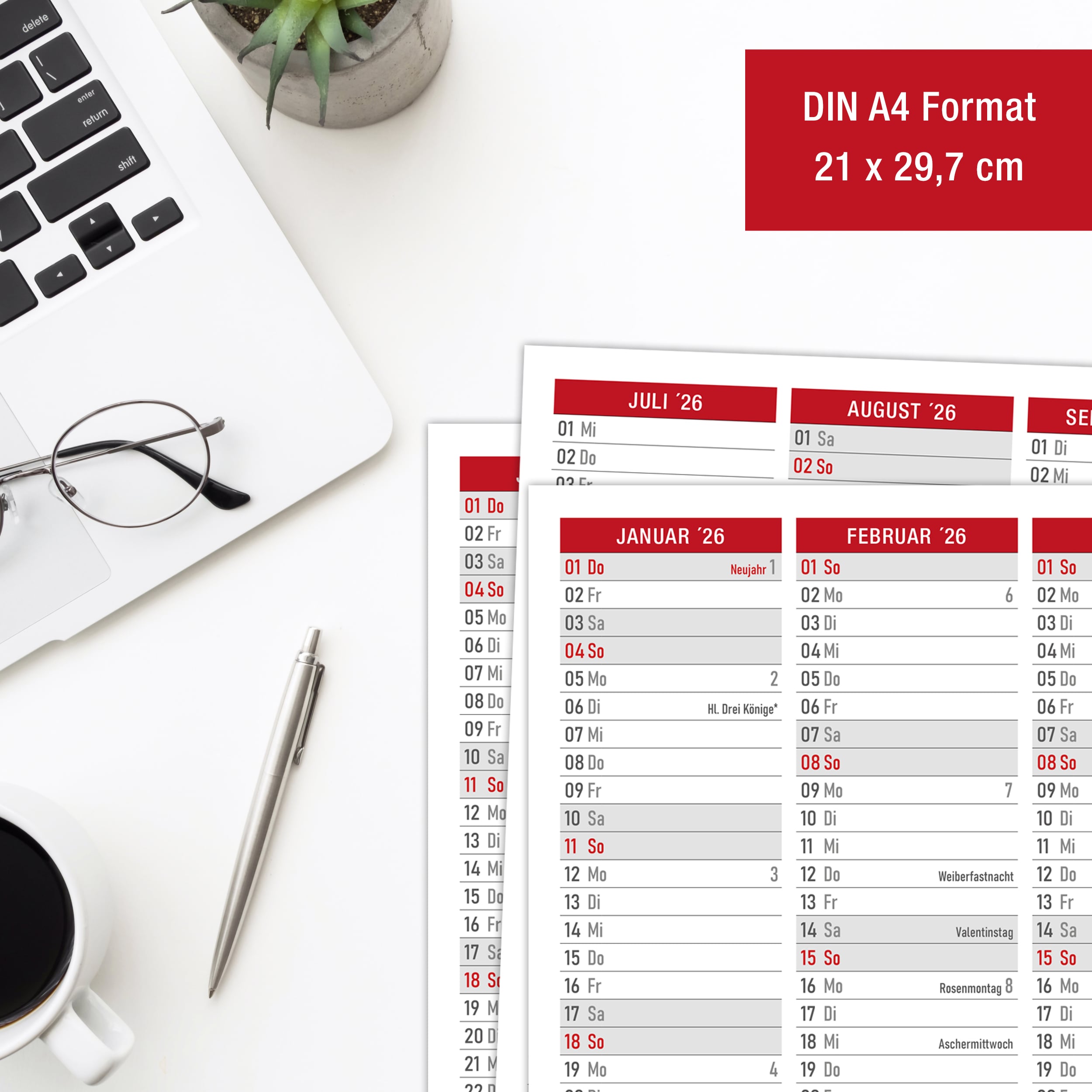 TOBJA Tafelkalender 2026 A4 Eukalyptus - 3x Kalender 2026 Mit Ferien & Feiertagen | Jahreskalender, Wandkalender 2026 DIN A4 Als Jahresplaner