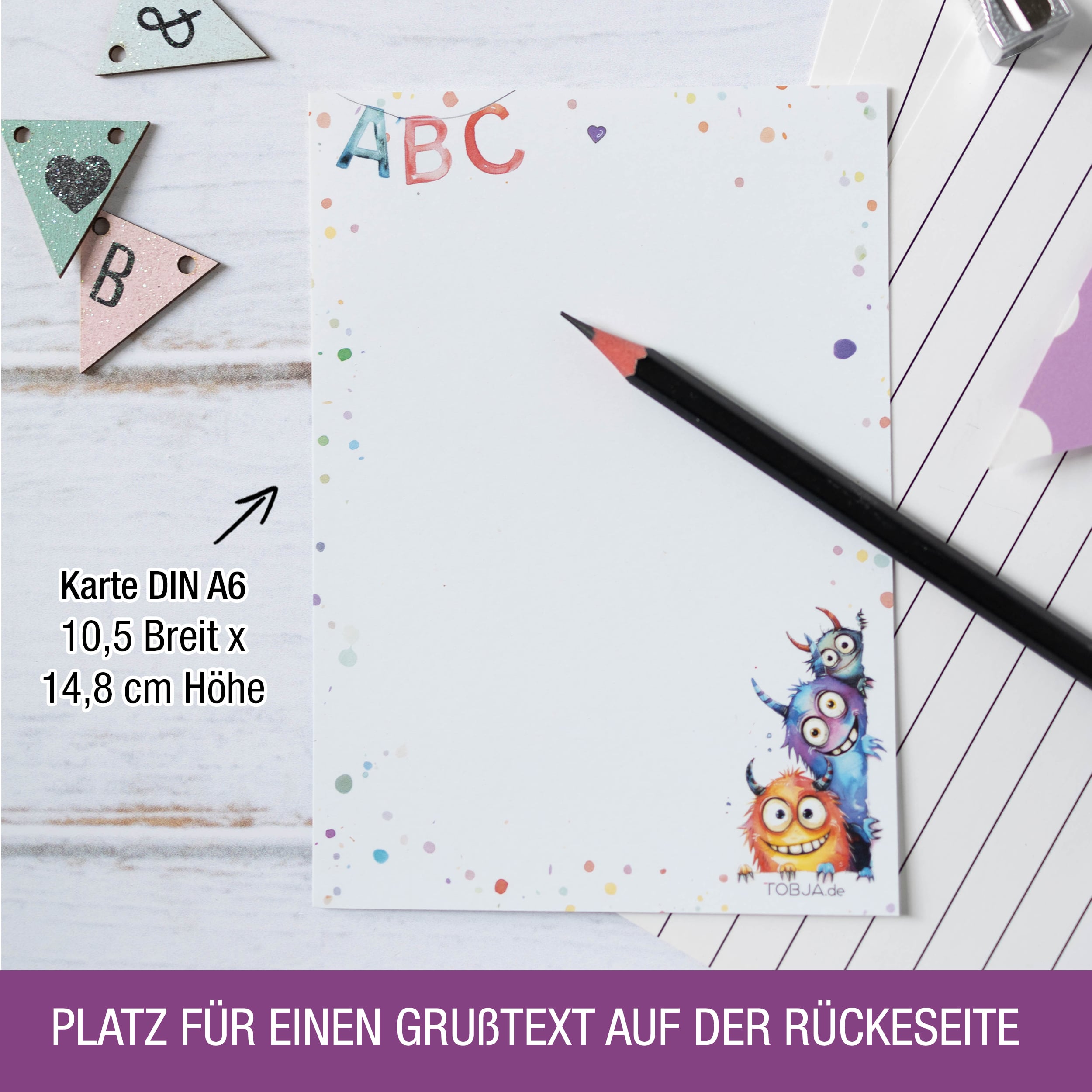 A6 Karte Glückwunsch Einschulung Monster + Anhänger Mit Name