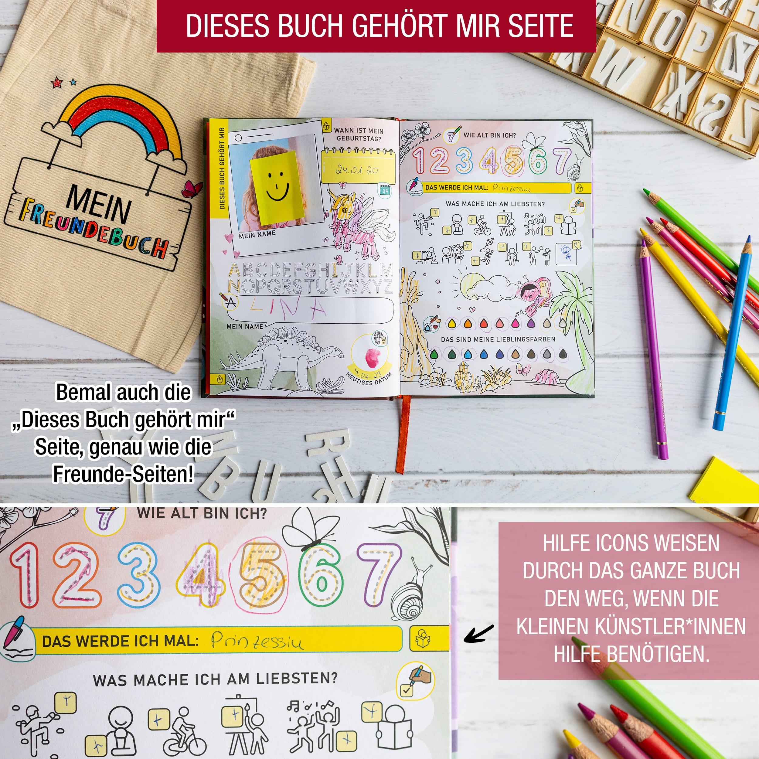 Kindergartenfreundebuch "Kunterbunt" Freundebuch mit Personalisierter Stofftasche