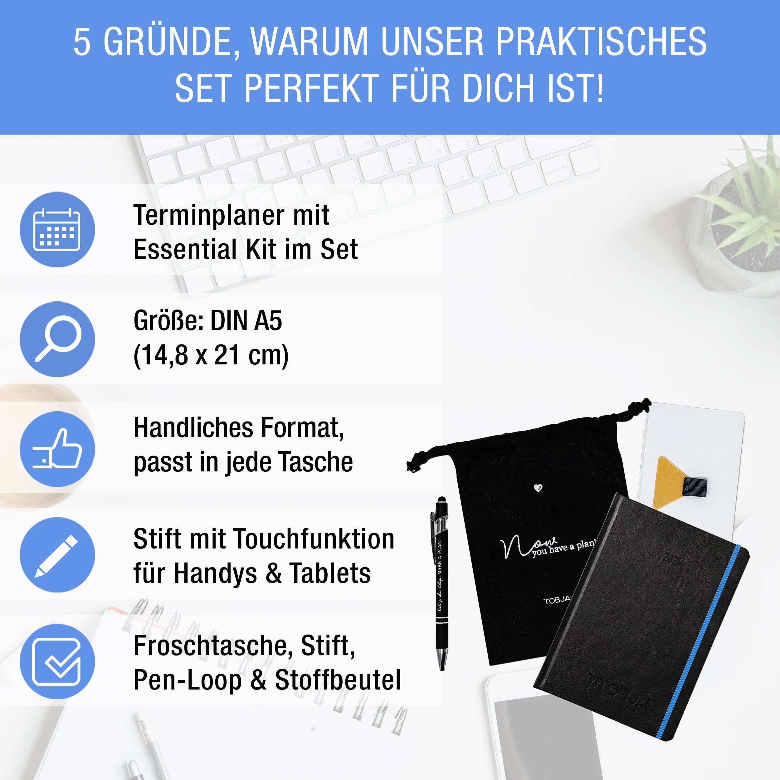Buchkalender 2026 A5 "Blue Line" +Set A5 Buchkalender 2026 Nero Blau + Essential Kit